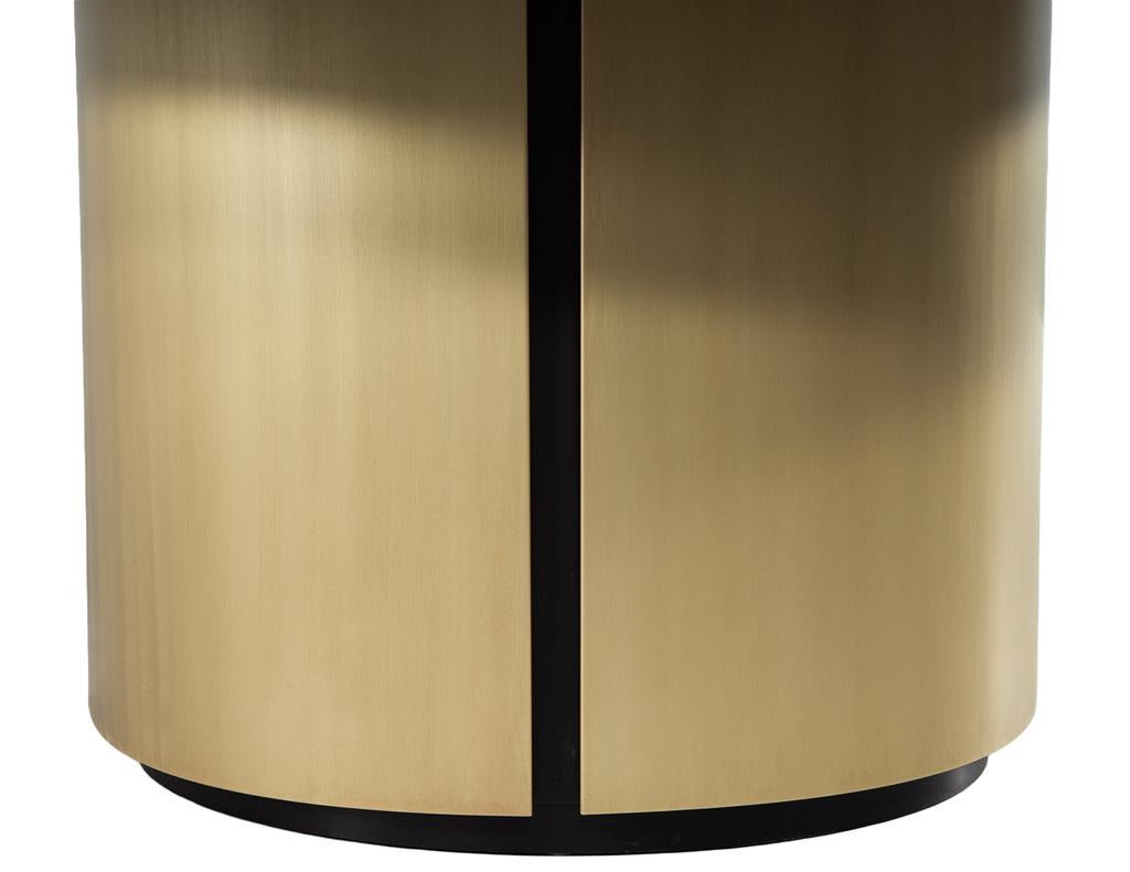 Custom Modern Round Walnut Dining Table in Sunburst Pattern and Brass Base For Sale 4
