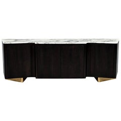 Custom Modern Serpentine Styled Marble-Top Sideboard Buffet Media Cabinet