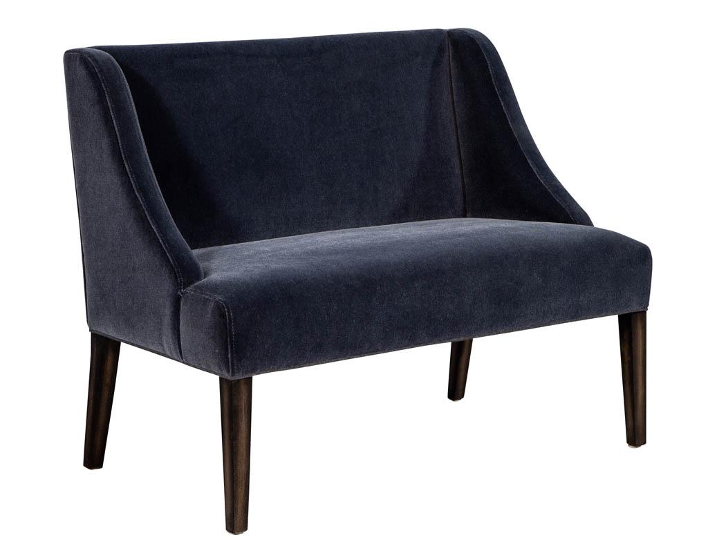 Carrocel custom made sleekly modern designed settee bench, beautifully sculpted solid hardwood frame exclusively made and finished by Carrocel. Rich (navy) velvet upholstery on espresso finished legs.