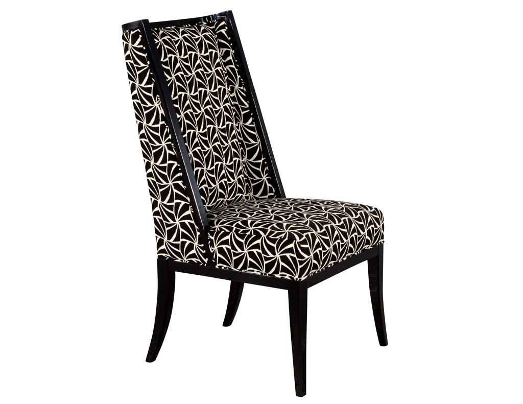 Custom modern side chair in black and white geometric fabric. Art Deco inspired design with a modern flare. Finished in a black lacquer with unique geometric black and white fabric. The perfect accent chair for any space. Price includes