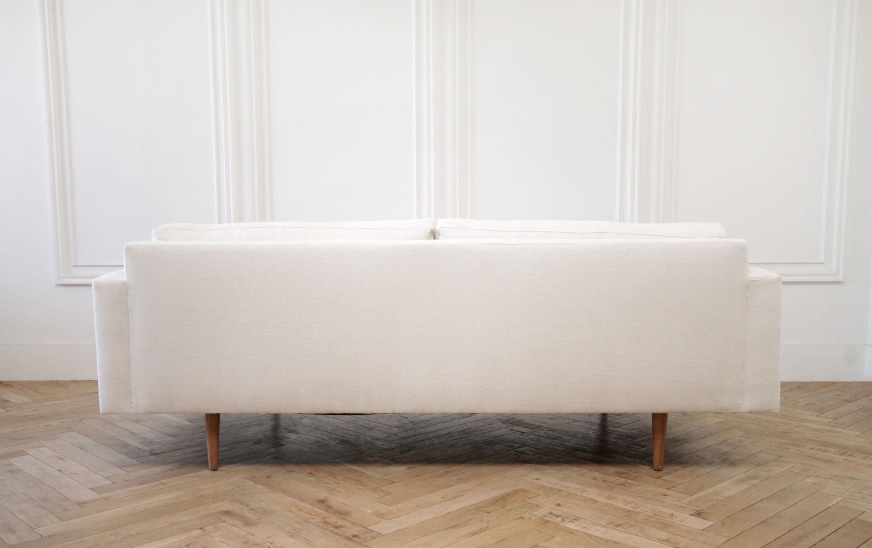Mid-Century Modern Custom Modern Square Arm Sofa in Natural Linen with Down Wrapped Seats