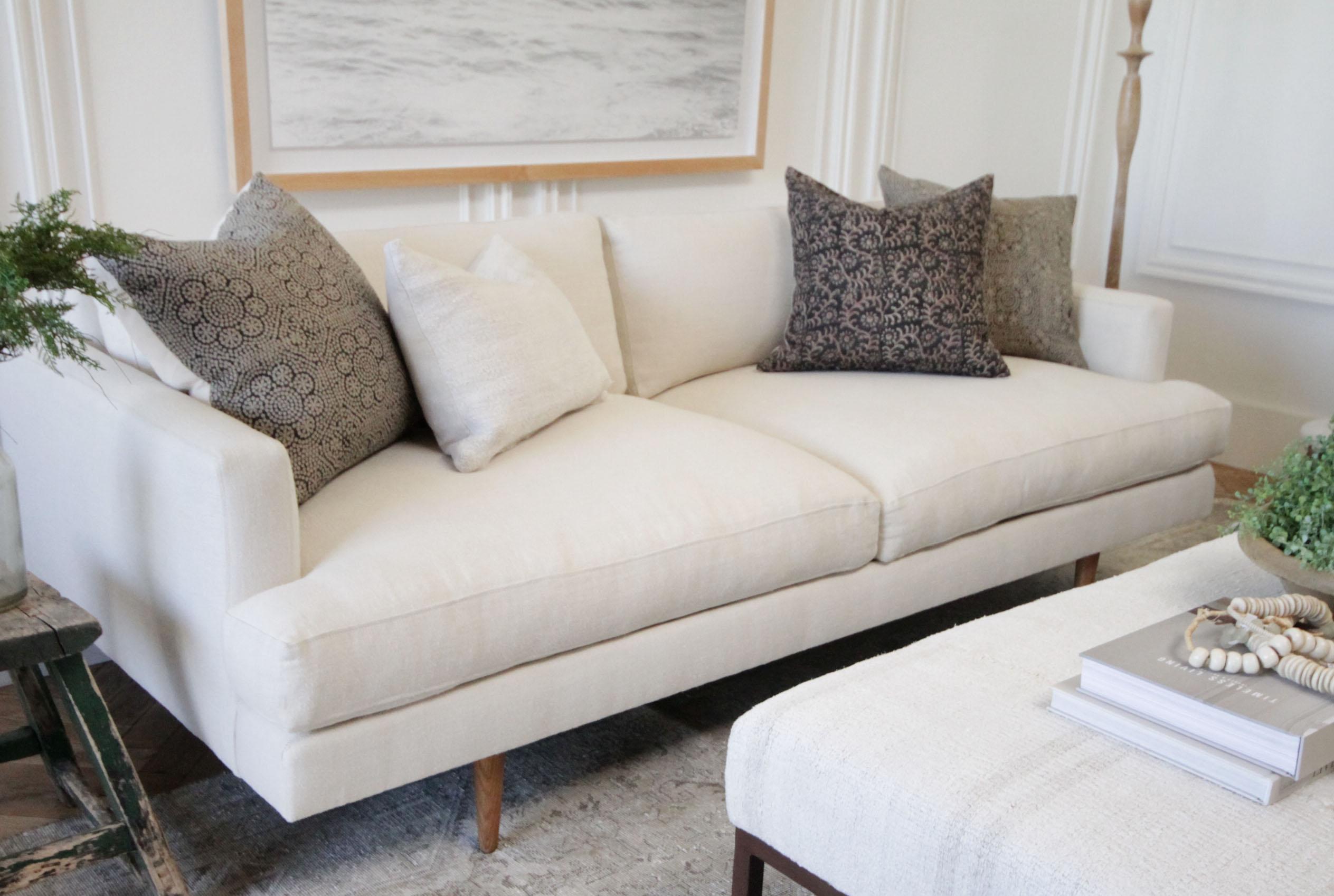 Contemporary Custom Modern Square Arm Sofa in Natural Linen with Down Wrapped Seats