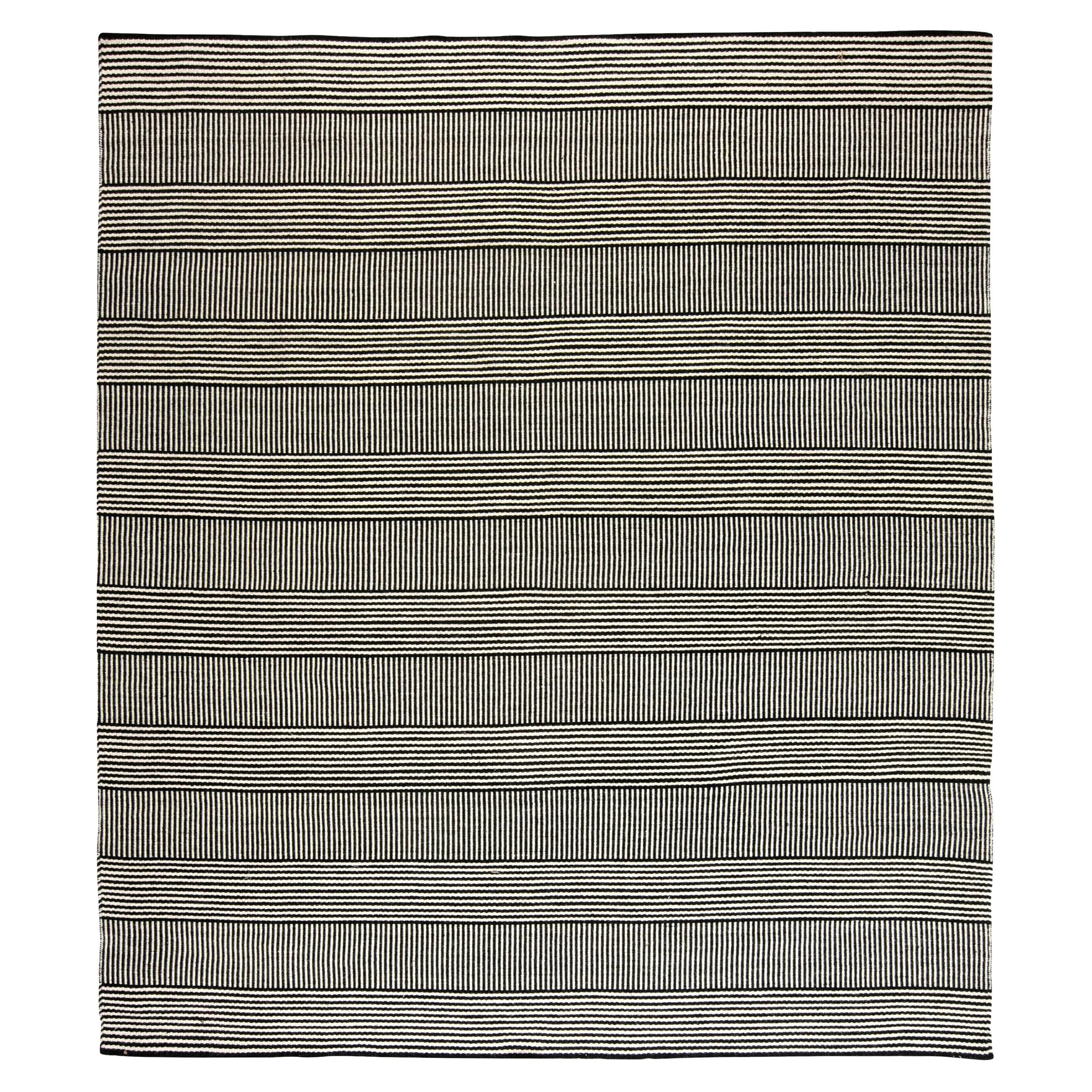 Custom Modern Striped Black Beige Flat-Woven Wool Rug by Doris Leslie Blau For Sale
