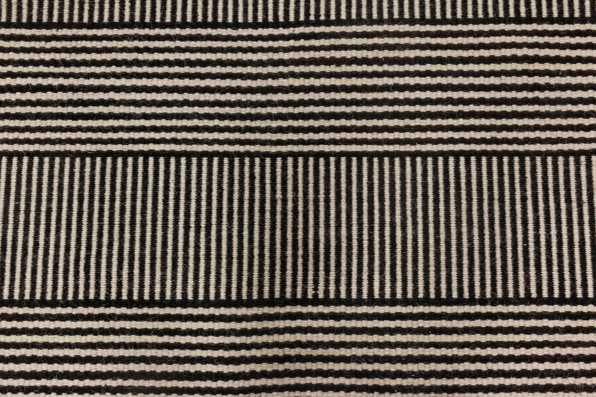 Hand-Knotted Custom Modern Striped Flat-Woven Wool Rug in Black & White by Doris Leslie Blau For Sale