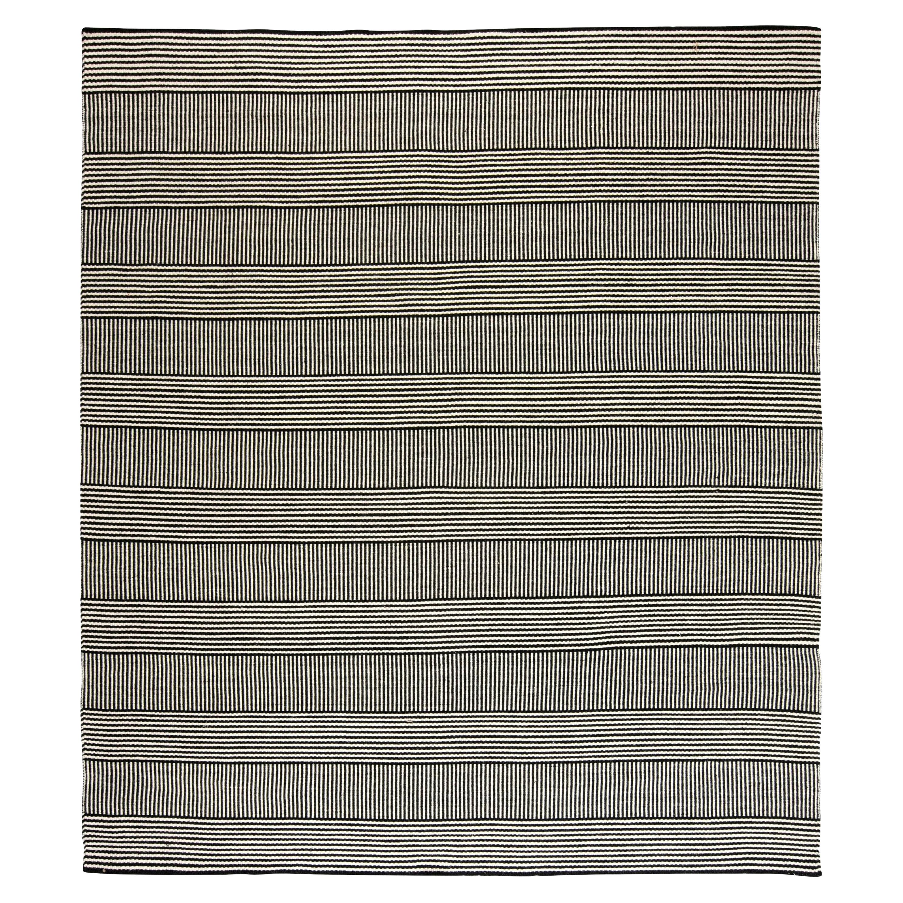 Custom Modern Striped Flat-Woven Wool Rug in Black & White by Doris Leslie Blau For Sale