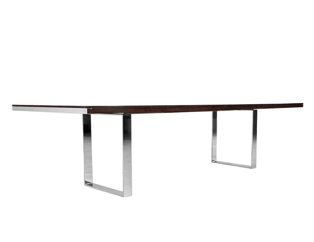 Custom Modern Walnut Dining Table with Stainless Steel Pedestals en vente 3