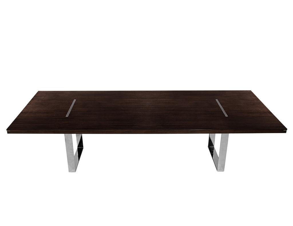 Moderne Custom Modern Walnut Dining Table with Stainless Steel Pedestals en vente