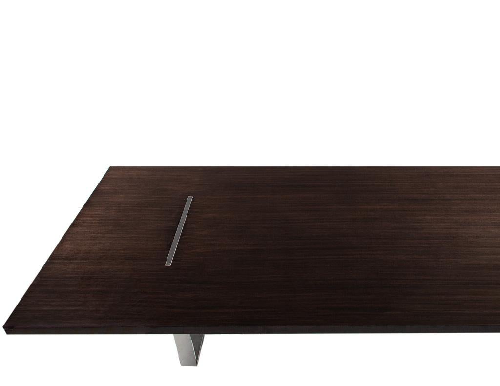 Acier inoxydable Custom Modern Walnut Dining Table with Stainless Steel Pedestals en vente