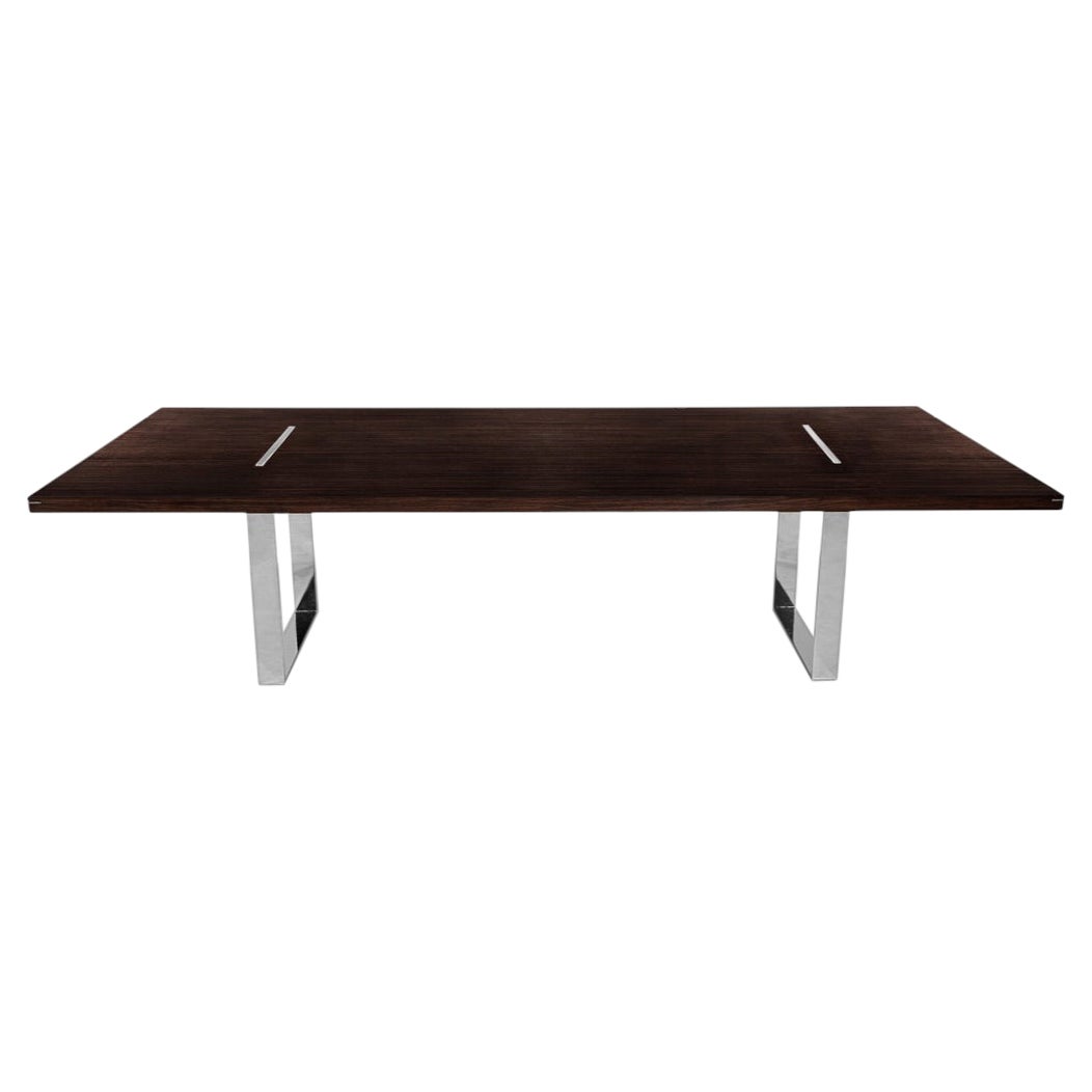 Custom Modern Walnut Dining Table with Stainless Steel Pedestals
