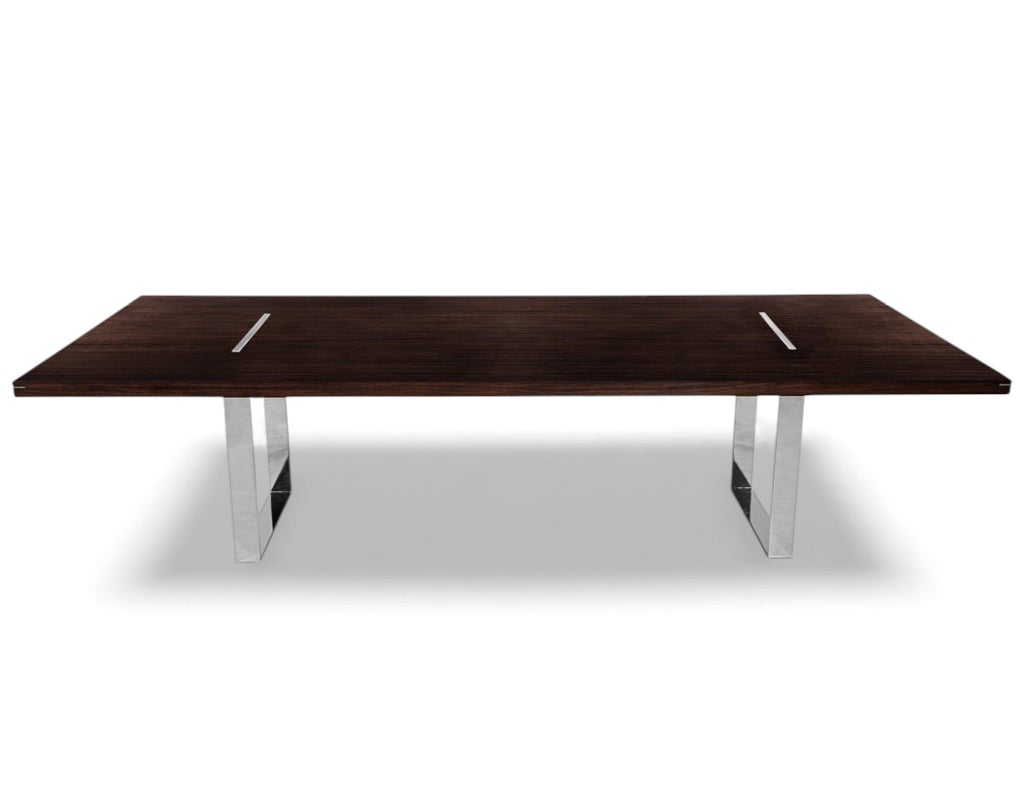 Custom Modern Walnut Dining Table with Stainless Steel Pedestals