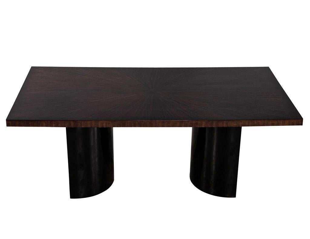 Canadian Custom Modern Walnut Starburst Dining Table with Black Curved Pedestals For Sale