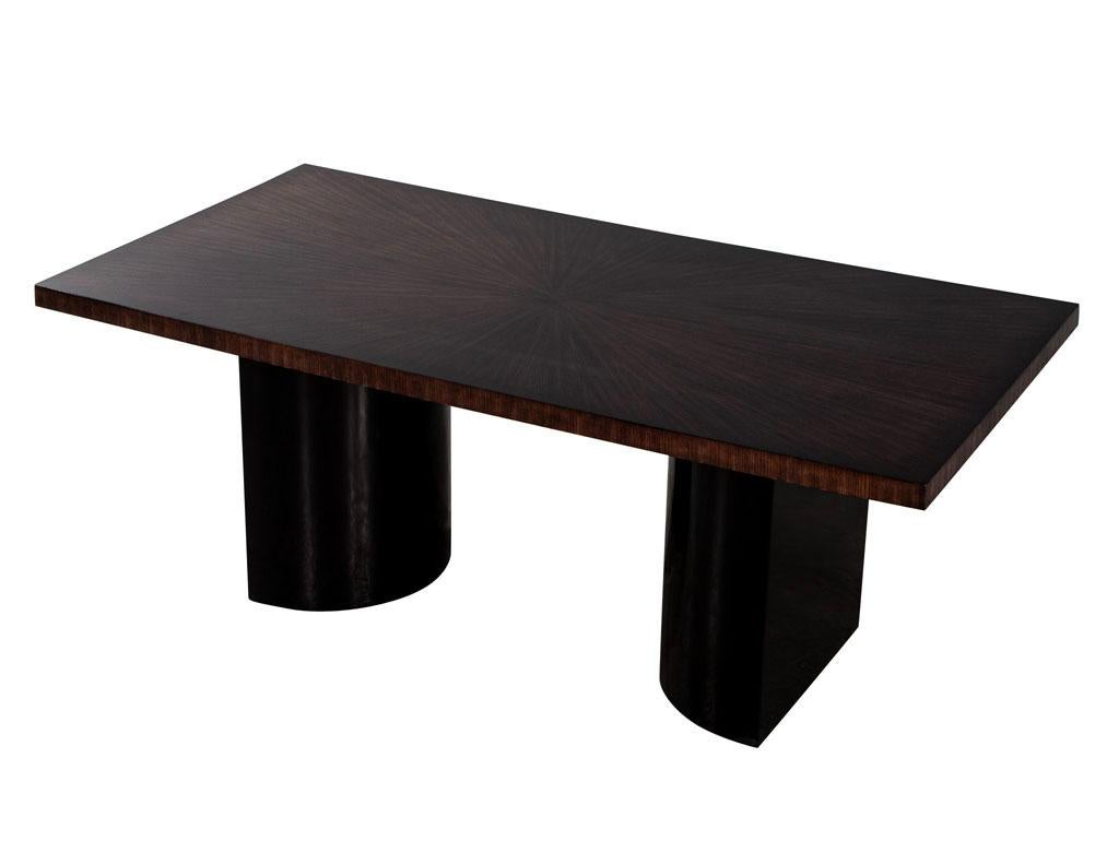 Wood Custom Modern Walnut Starburst Dining Table with Black Curved Pedestals For Sale