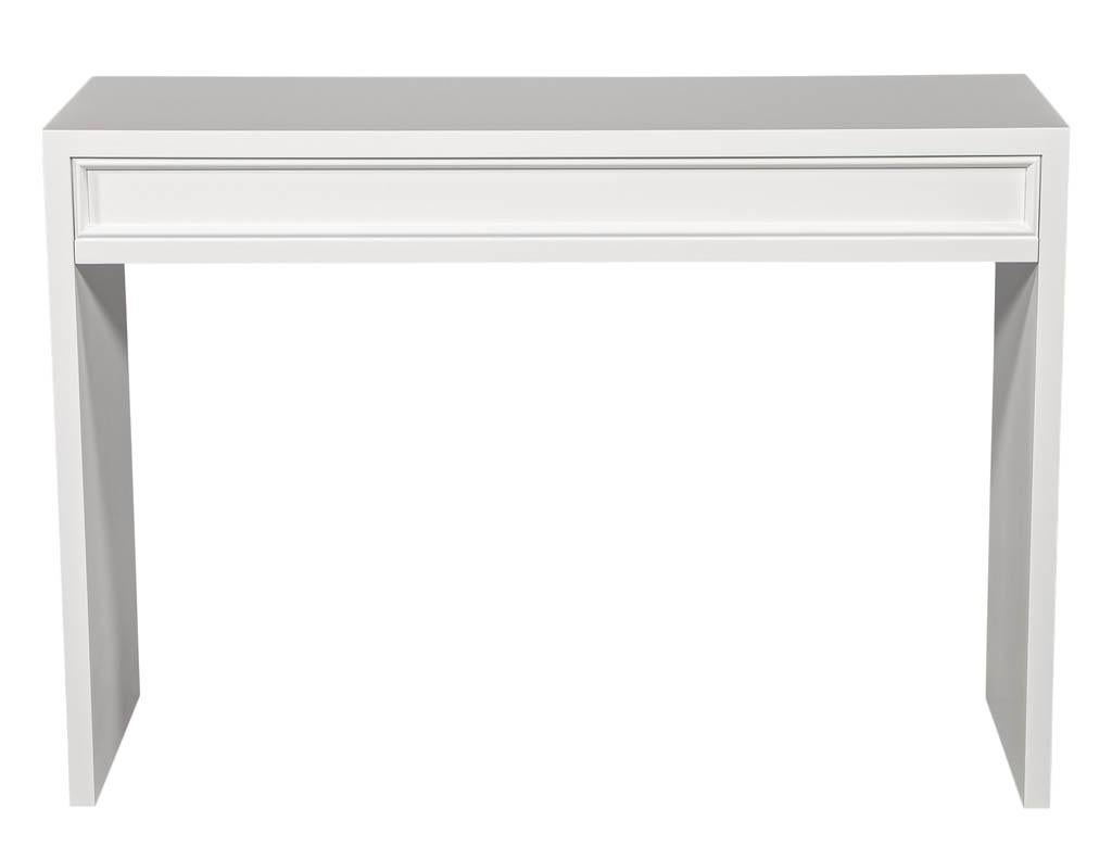 Custom modern white console table by Carrocel. Satin white lacquer finish with sleek modern styling. Perfect for entrance and hallways.

Price includes complimentary scheduled curb side delivery service to the continental USA.