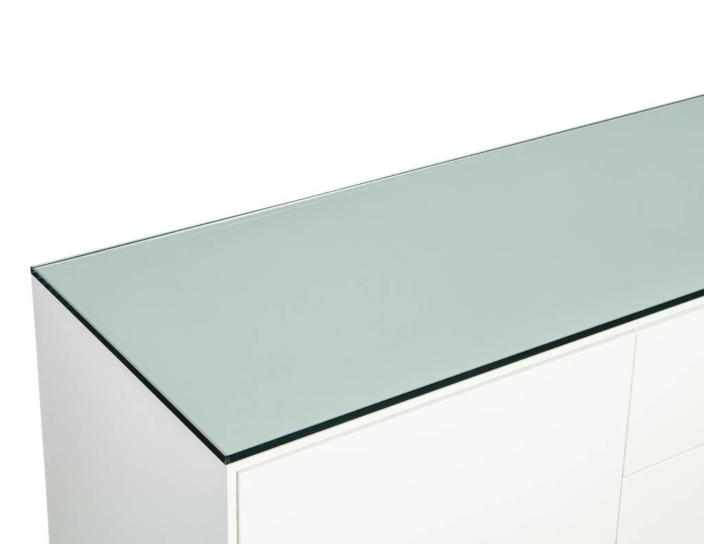 Canadian Custom Modern White Lacquered Sideboard Buffet with Glass Features For Sale