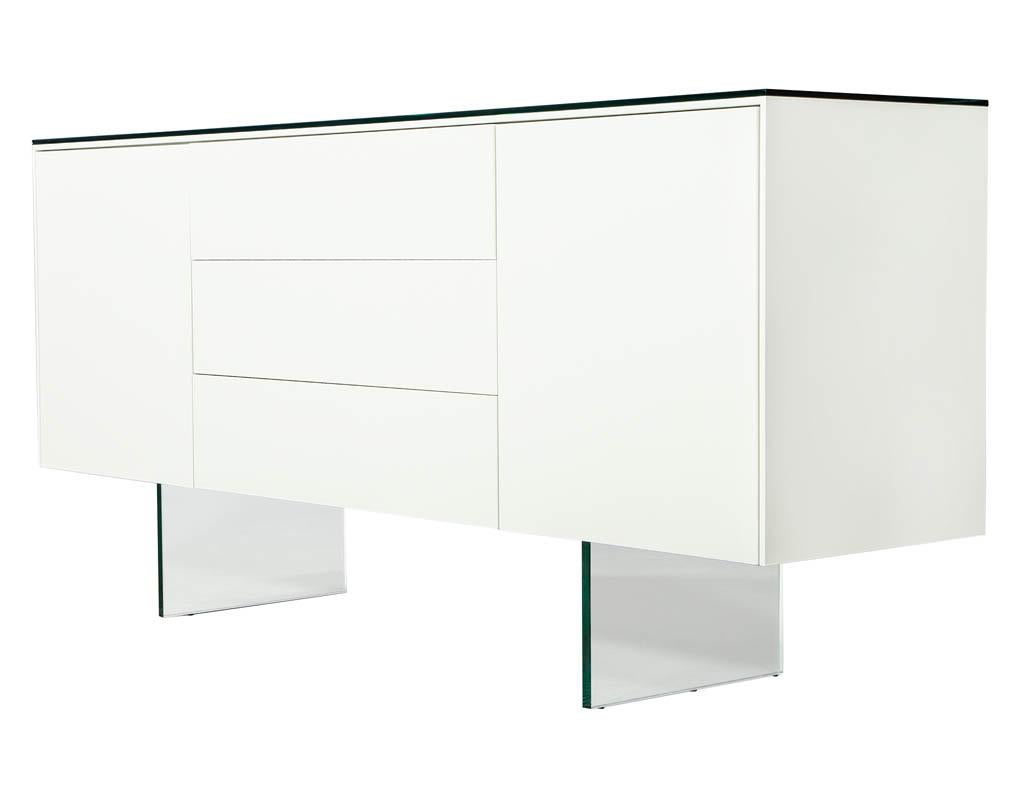 Metal Custom Modern White Lacquered Sideboard Buffet with Glass Features For Sale