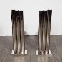 Custom Modernist Tubular Polished Nickel Andirons, Manner of Karl Springer
