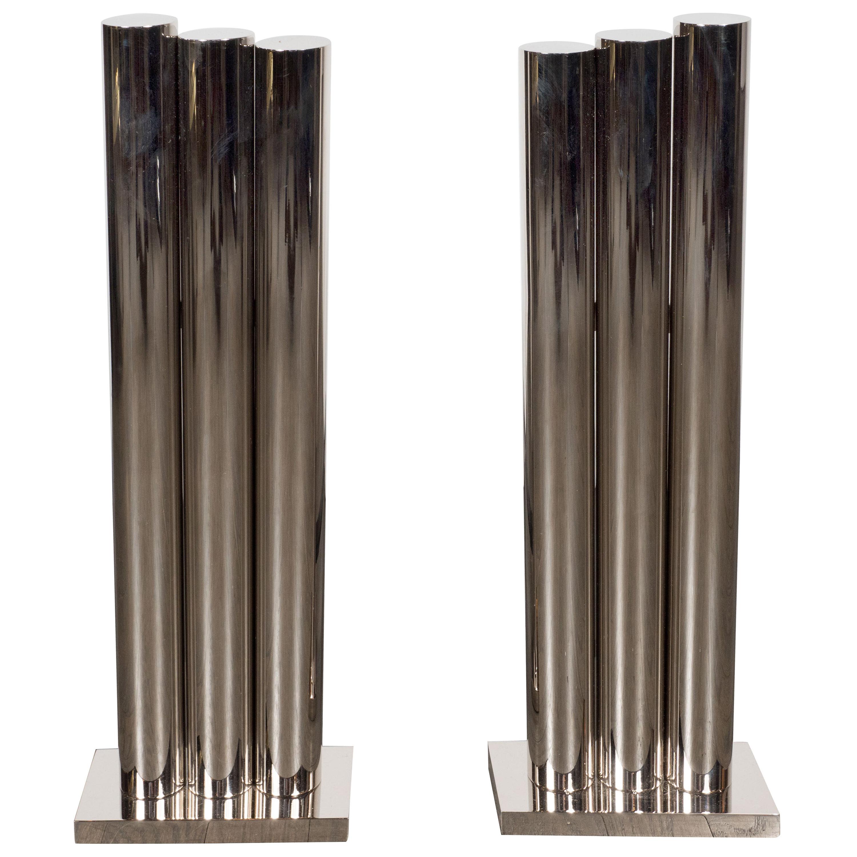 Custom Modernist Art Deco Revival Tubular Polished Nickel Andirons