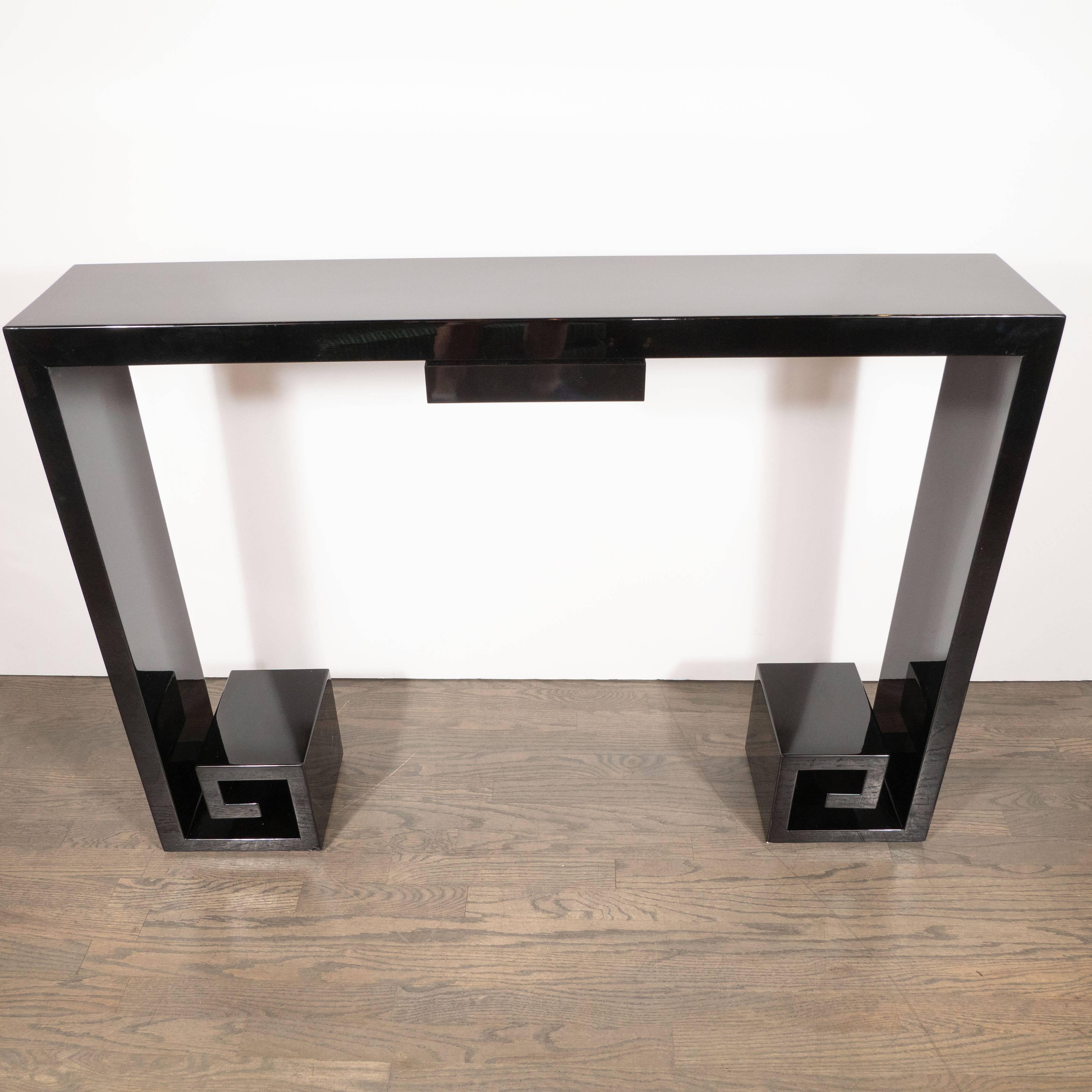 Custom Modernist Black Lacquer Console with Greek Key Detailing & Centre Drawer In Excellent Condition In New York, NY