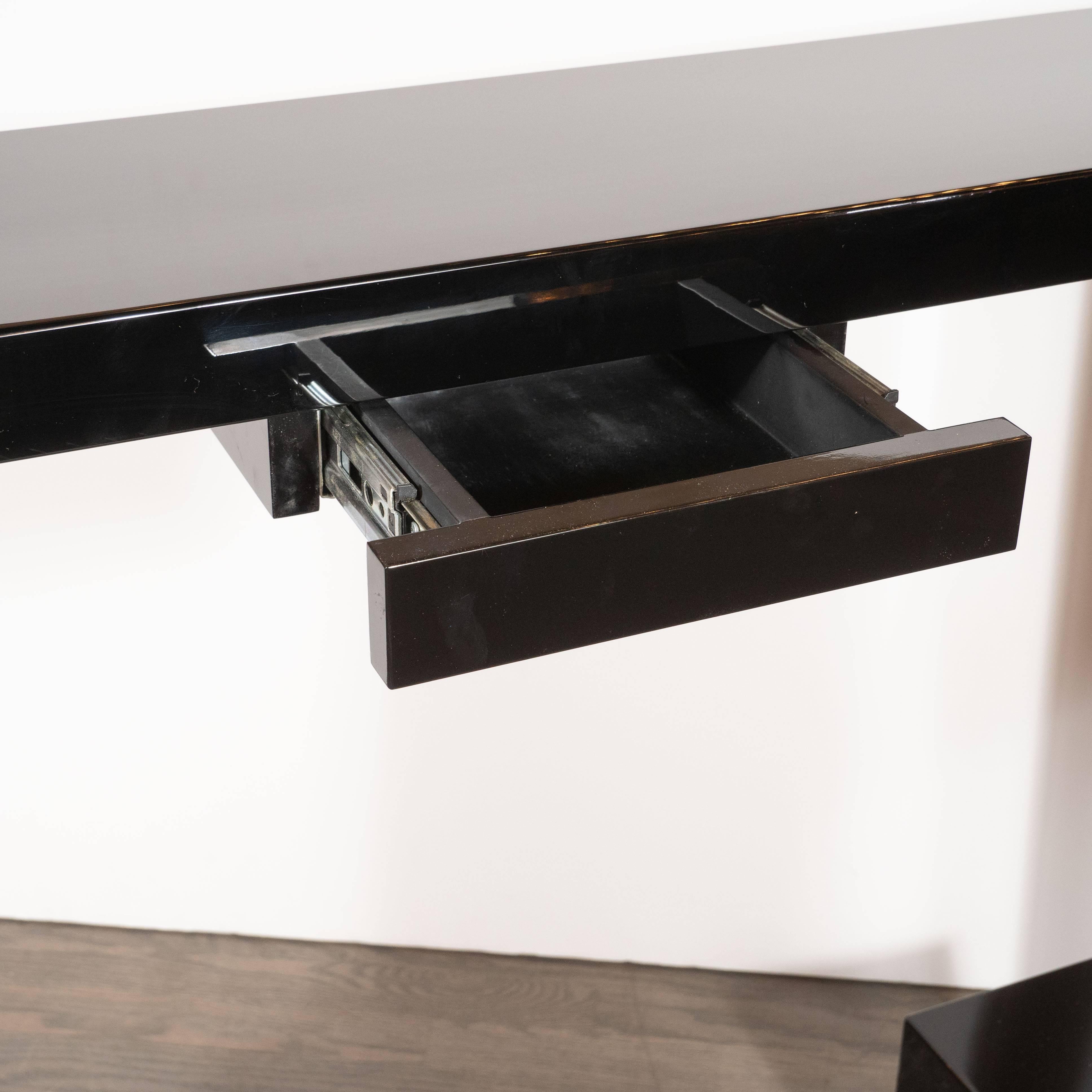 Contemporary Custom Modernist Black Lacquer Console with Greek Key Detailing & Centre Drawer