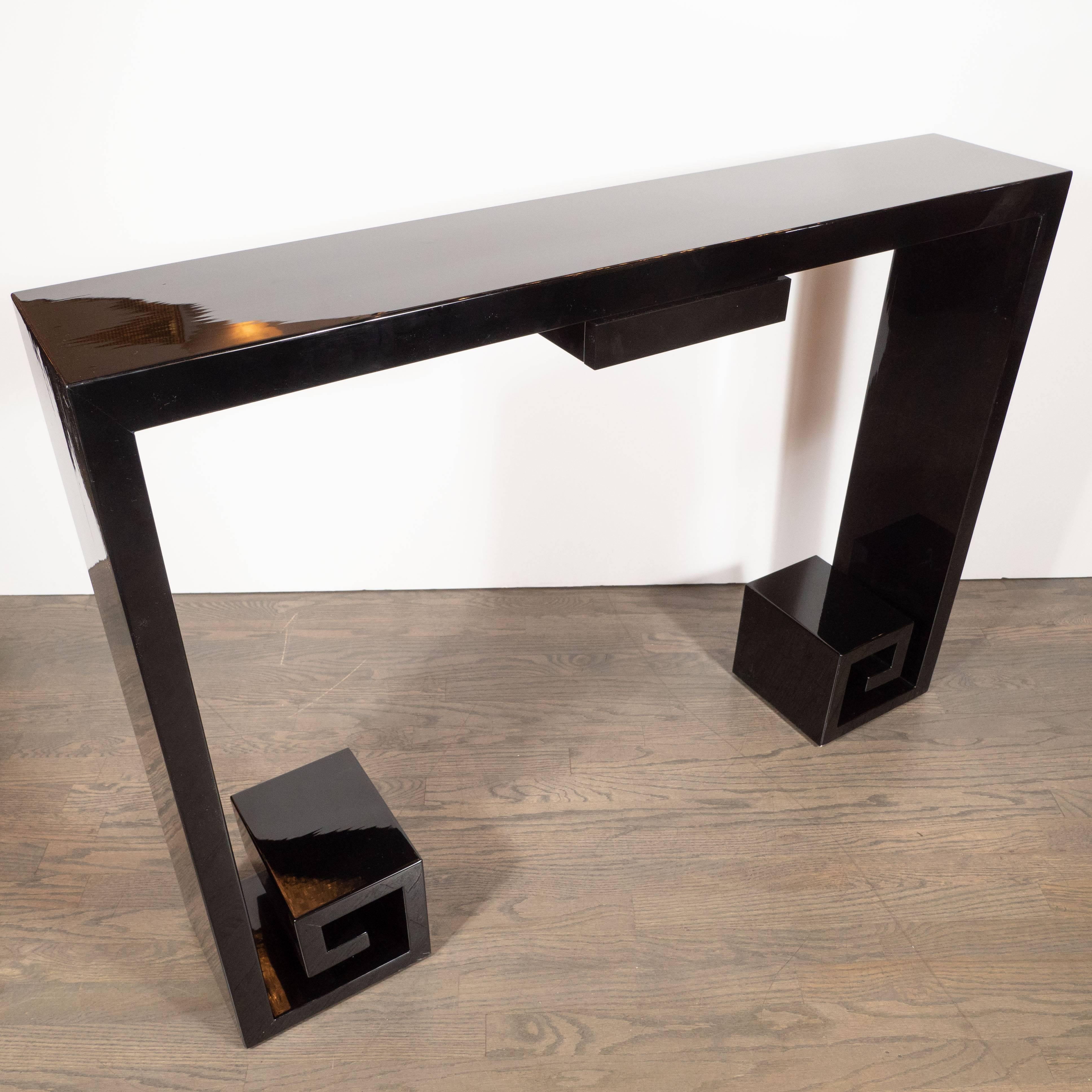 Wood Custom Modernist Black Lacquer Console with Greek Key Detailing & Centre Drawer