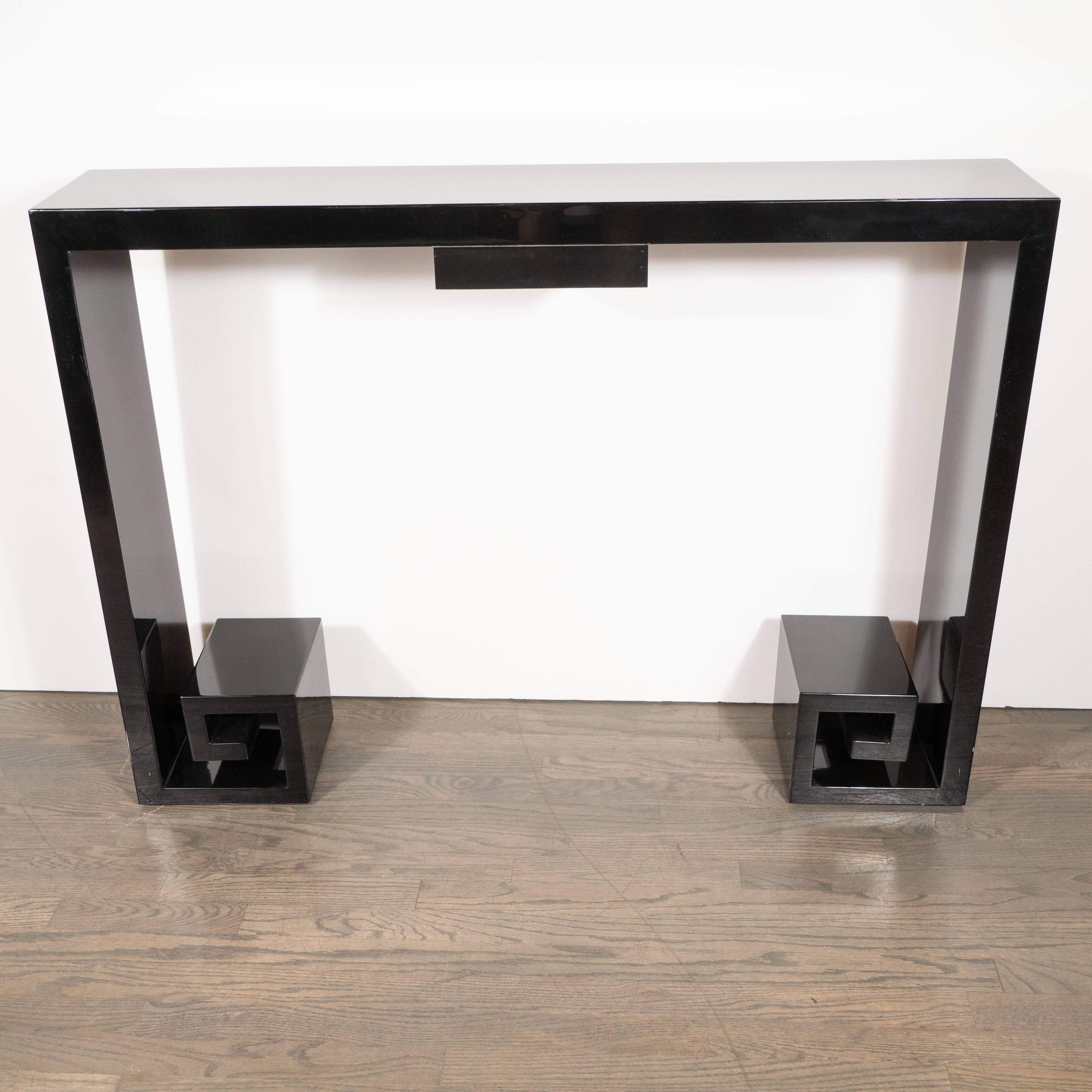 Custom Modernist Black Lacquer Console with Greek Key Detailing & Centre Drawer 2