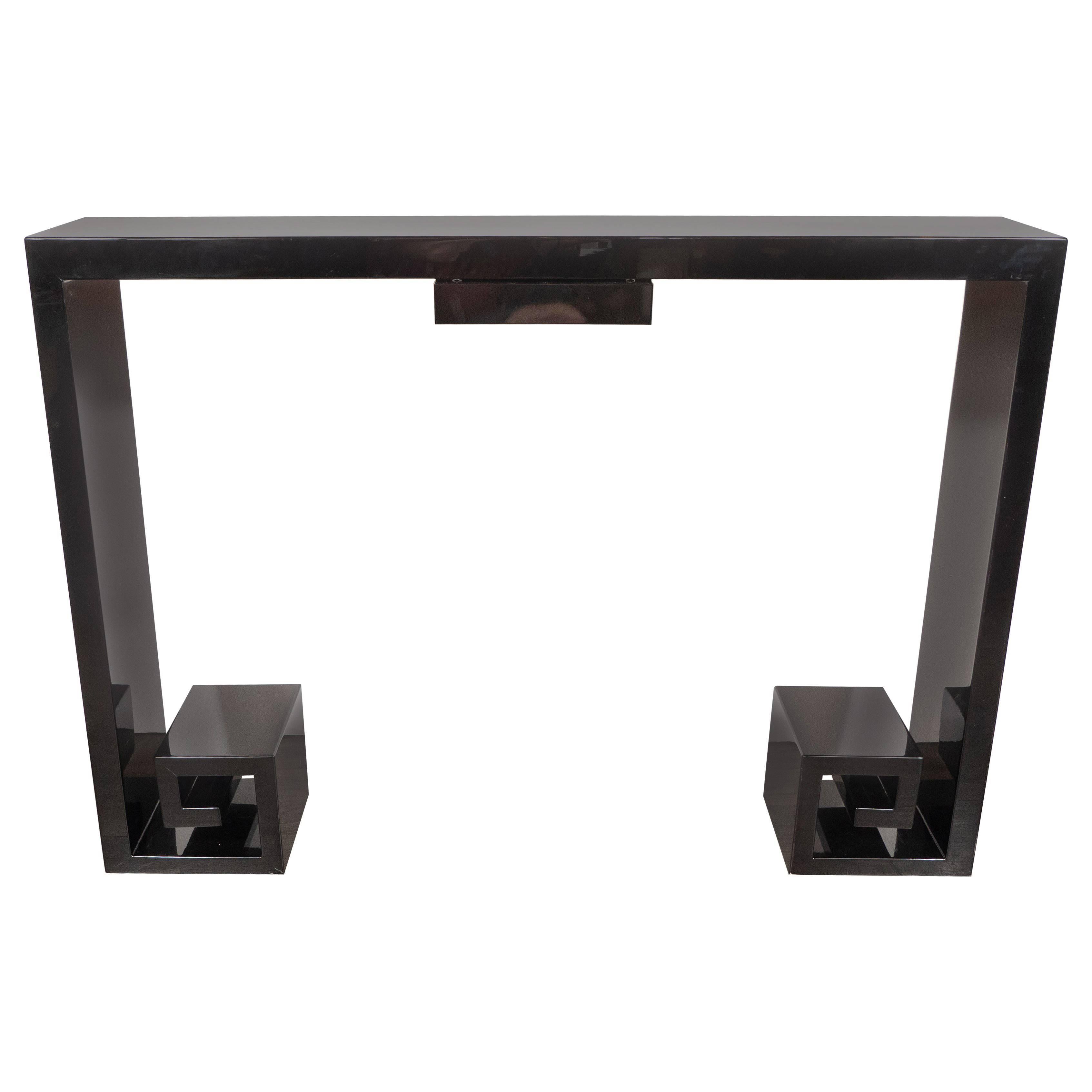 Custom Modernist Black Lacquer Console with Greek Key Detailing & Centre Drawer