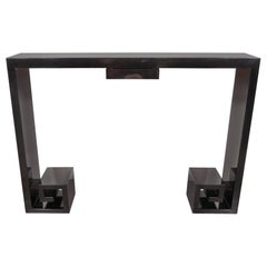 Custom Modernist Black Lacquer Console with Greek Key Detailing & Centre Drawer
