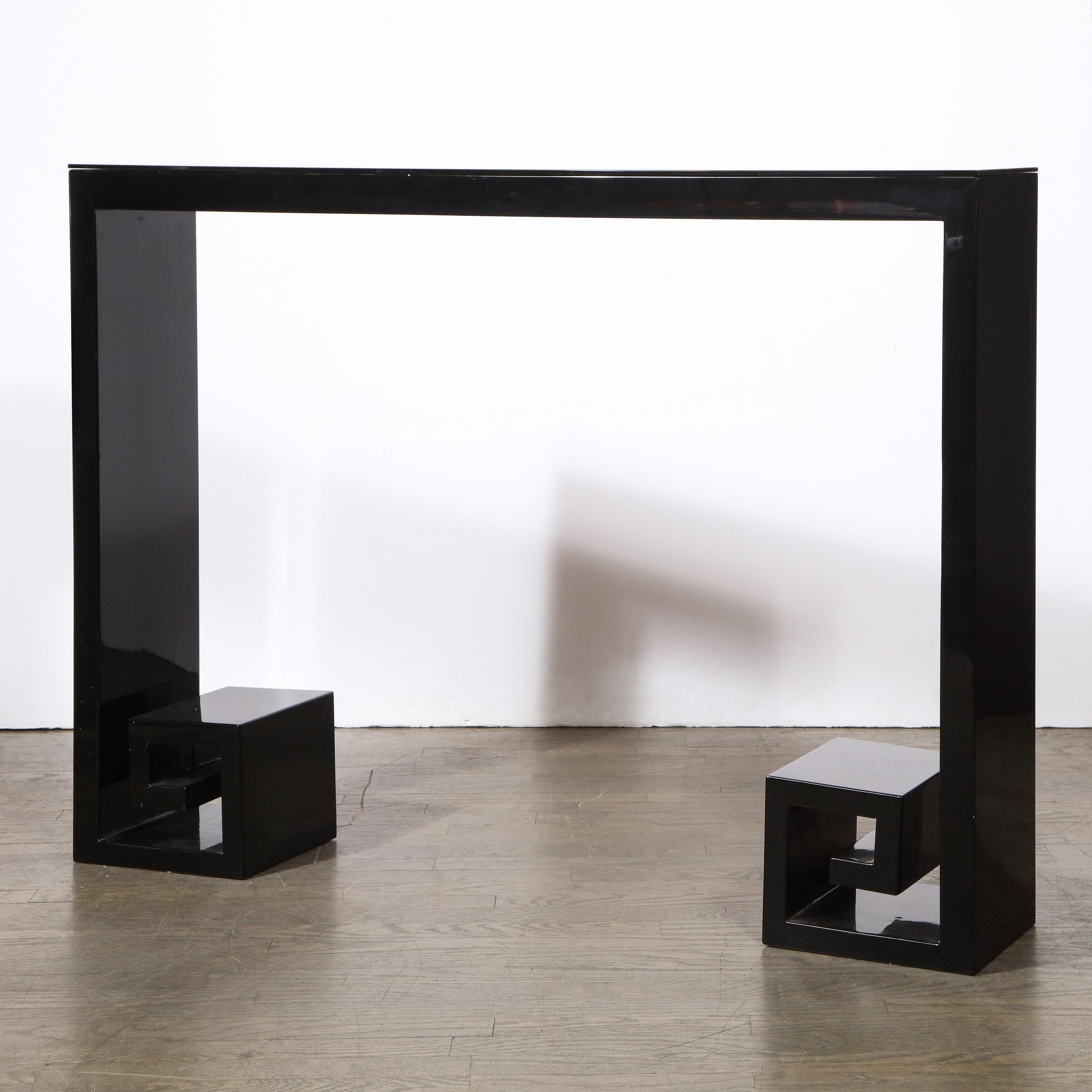 American Custom Modernist Black Lacquer Console with Greek Key Detailing For Sale