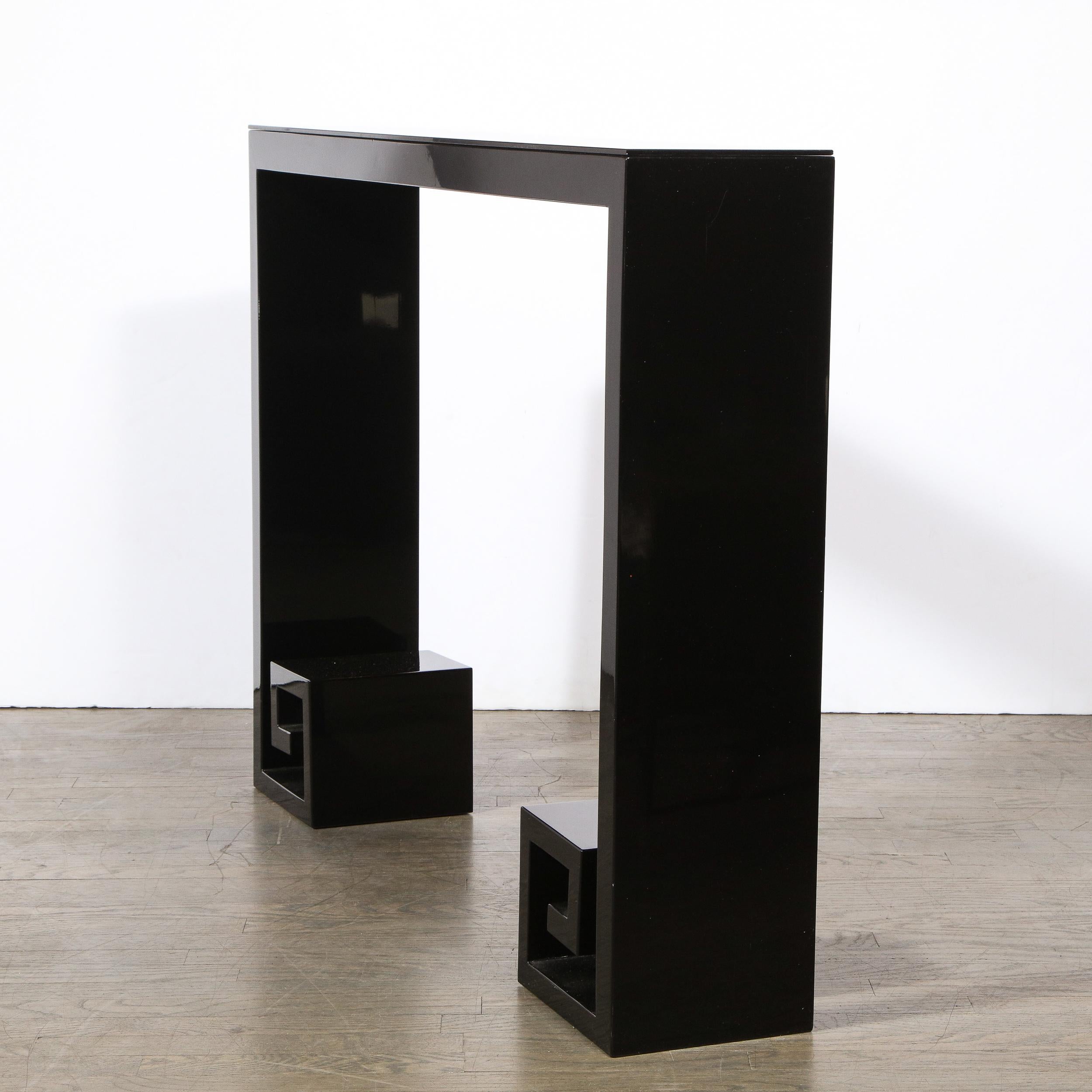 American Custom Modernist Black Lacquer Console with Greek Key Detailing