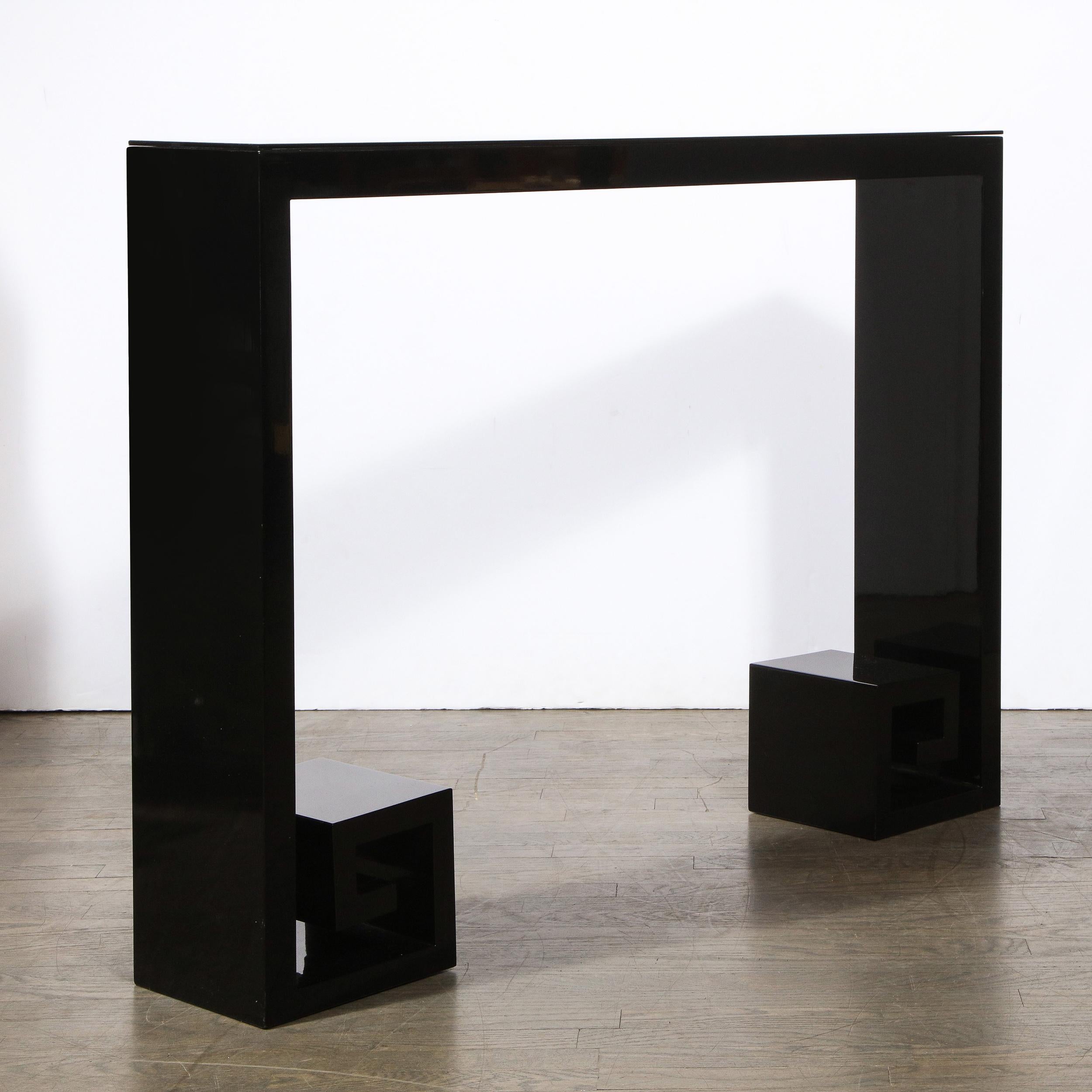 Contemporary Custom Modernist Black Lacquer Console with Greek Key Detailing