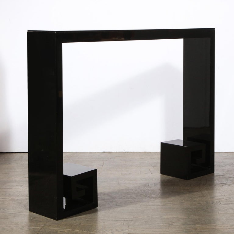 Console Lacquer Custom Modernist Black Lacquer Console with Greek Key Detailing For ...