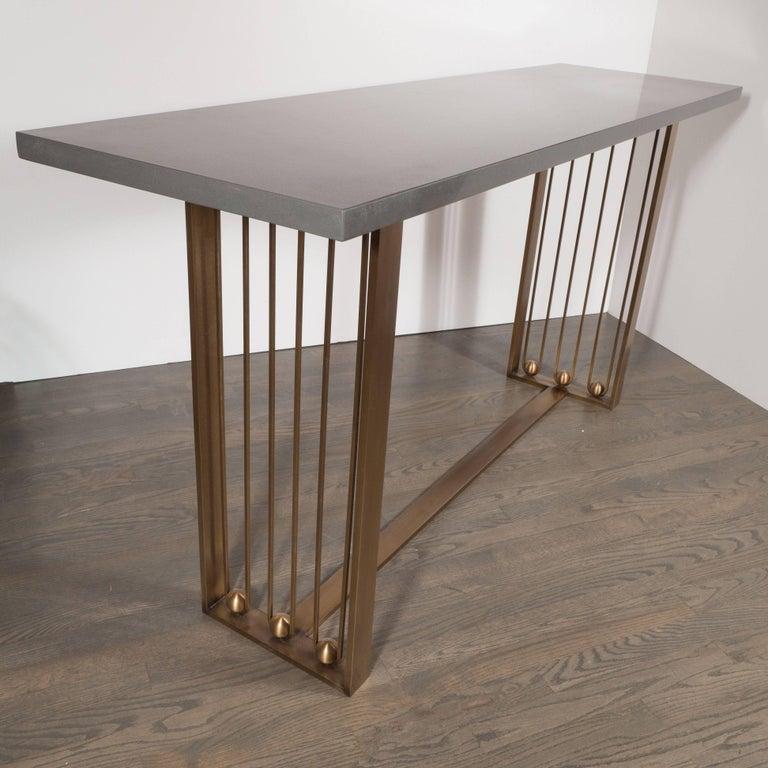 American Custom Modernist Brushed Brass and Grey Limestone Console Table