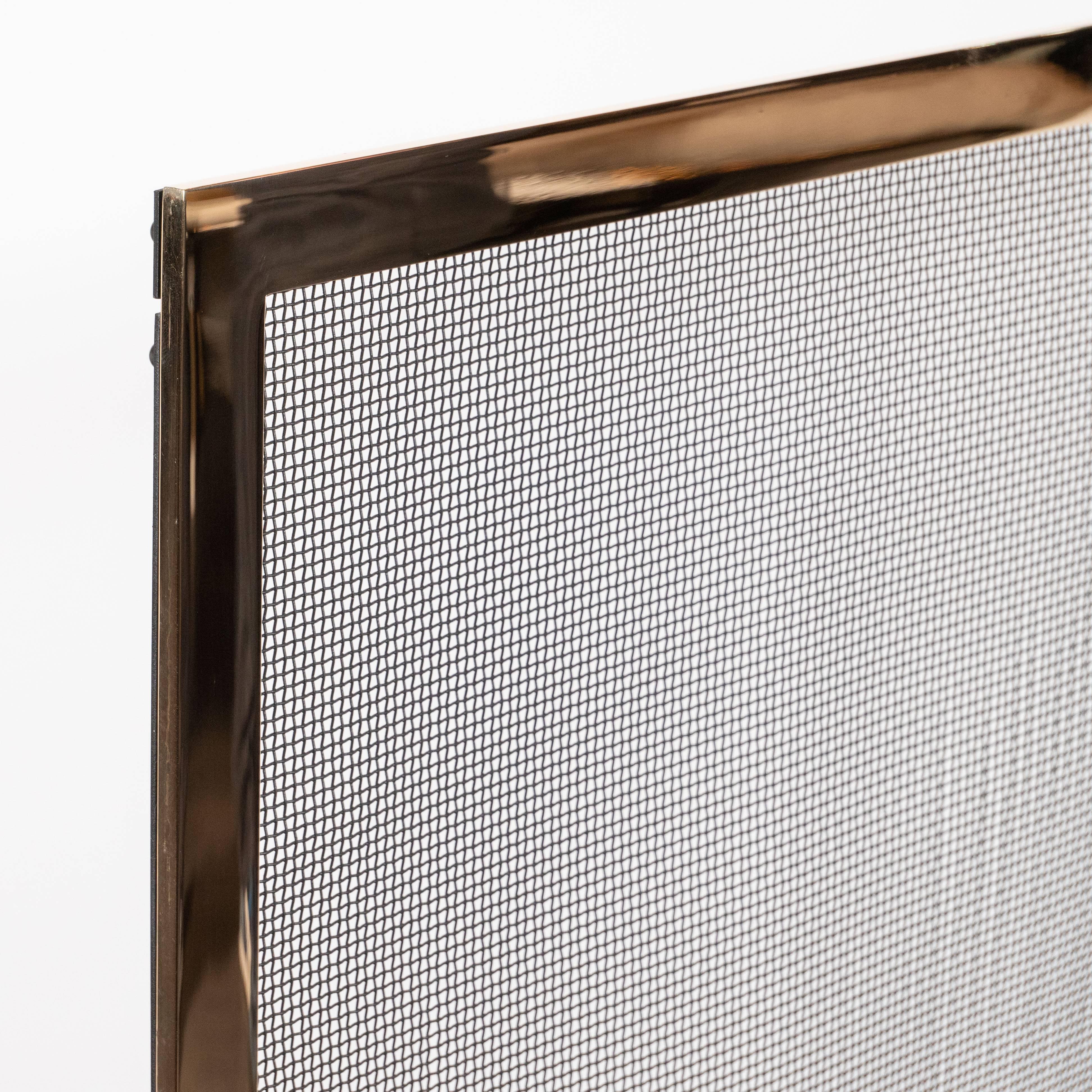 American Custom Modernist Fire Screen in Polished Brass with Iron Mesh Grill