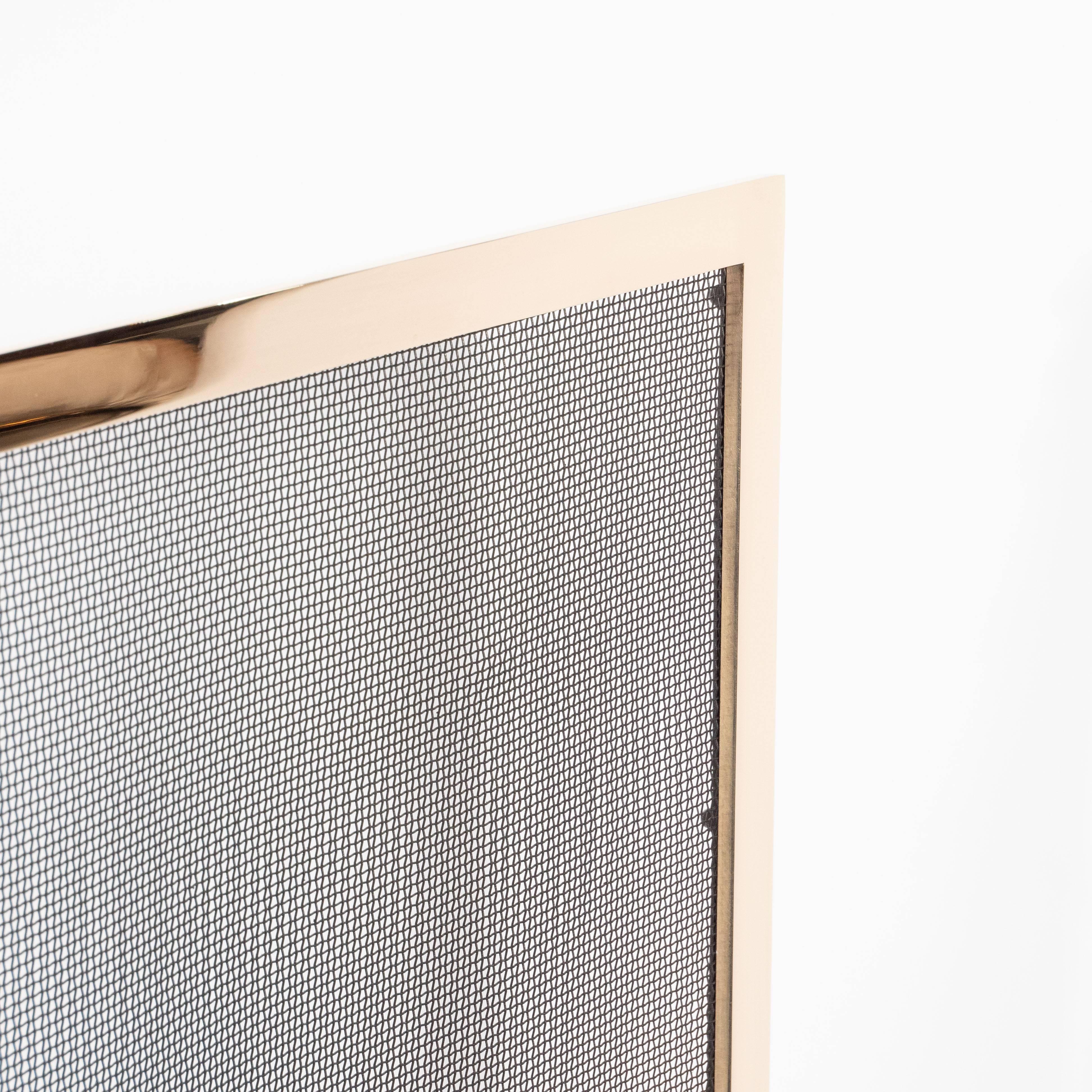 Custom Modernist Fire Screen in Polished Brass with Iron Mesh Grill In Excellent Condition In New York, NY