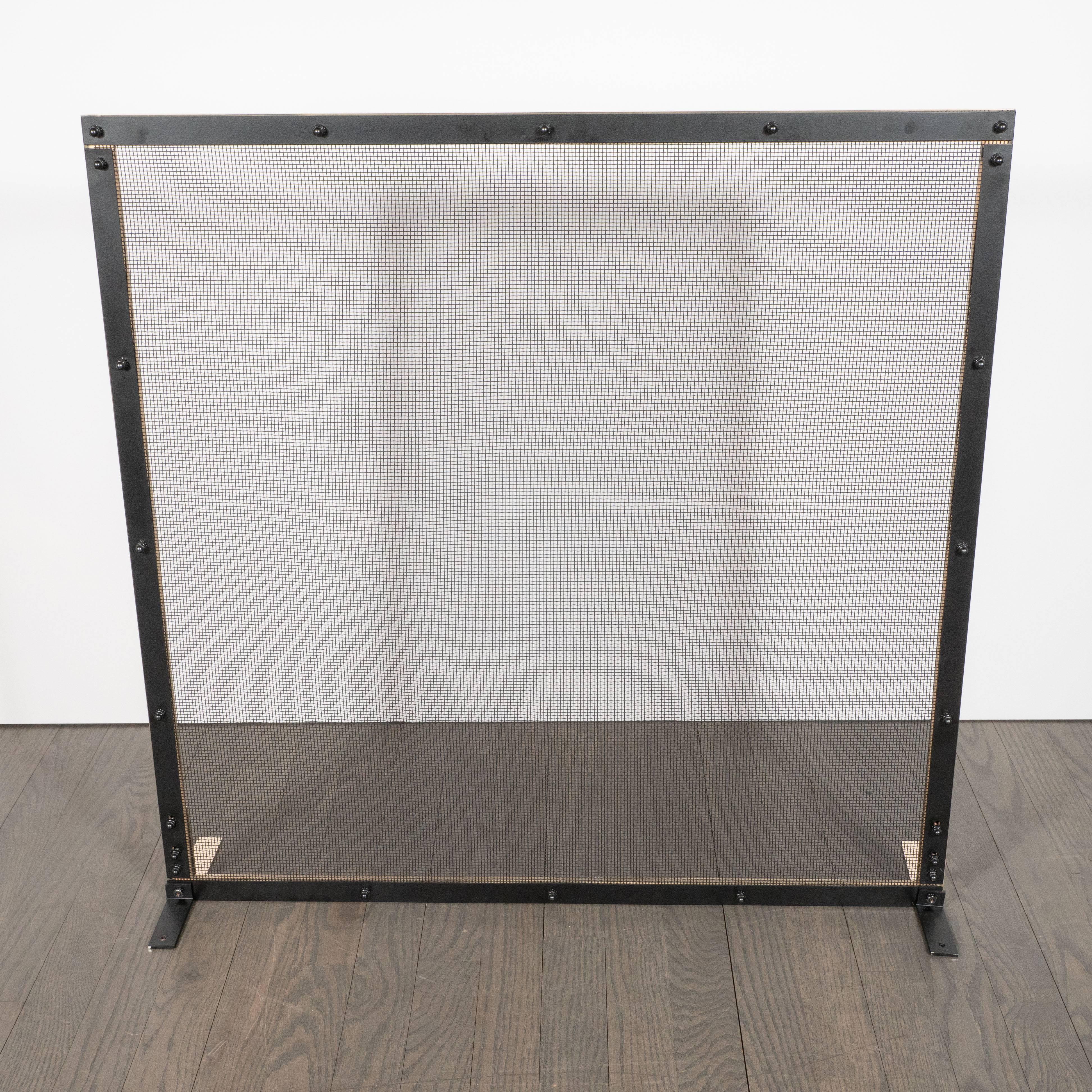Custom Modernist Fire Screen in Polished Brass with Iron Mesh Grill 1
