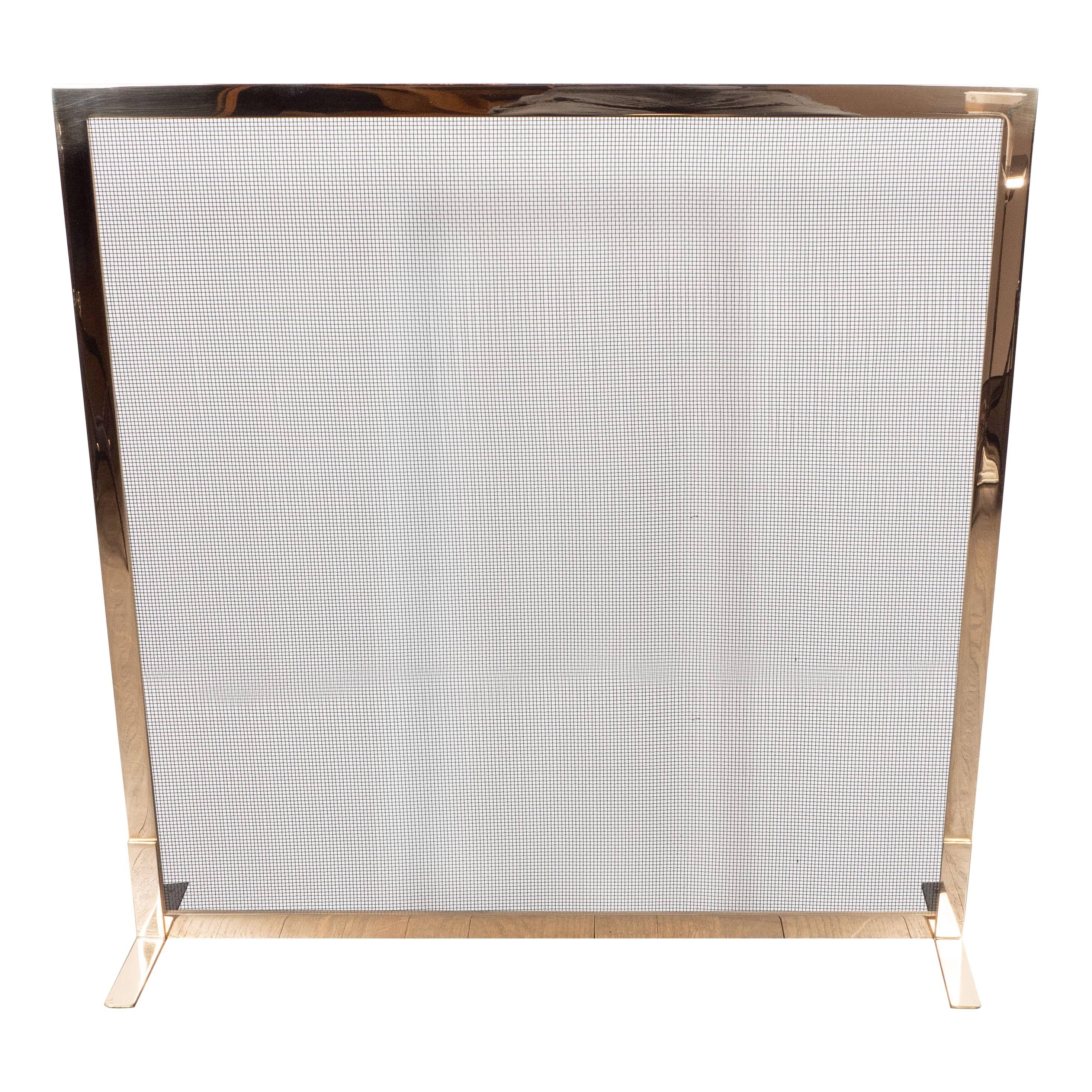 Custom Modernist Fire Screen in Polished Brass with Iron Mesh Grill