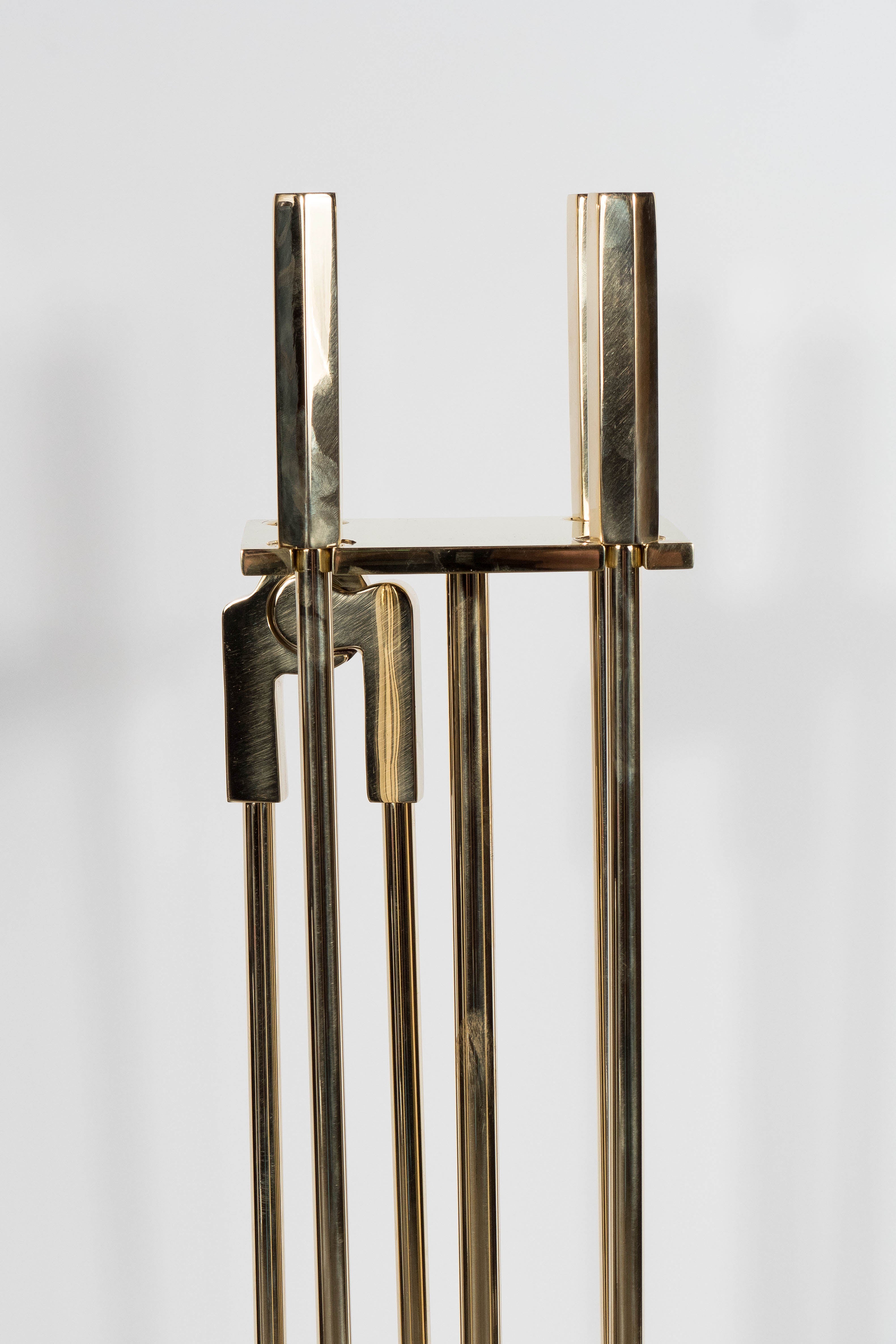 American Custom Modernist Four-Piece Fire Tool Set in Polished Brass For Sale