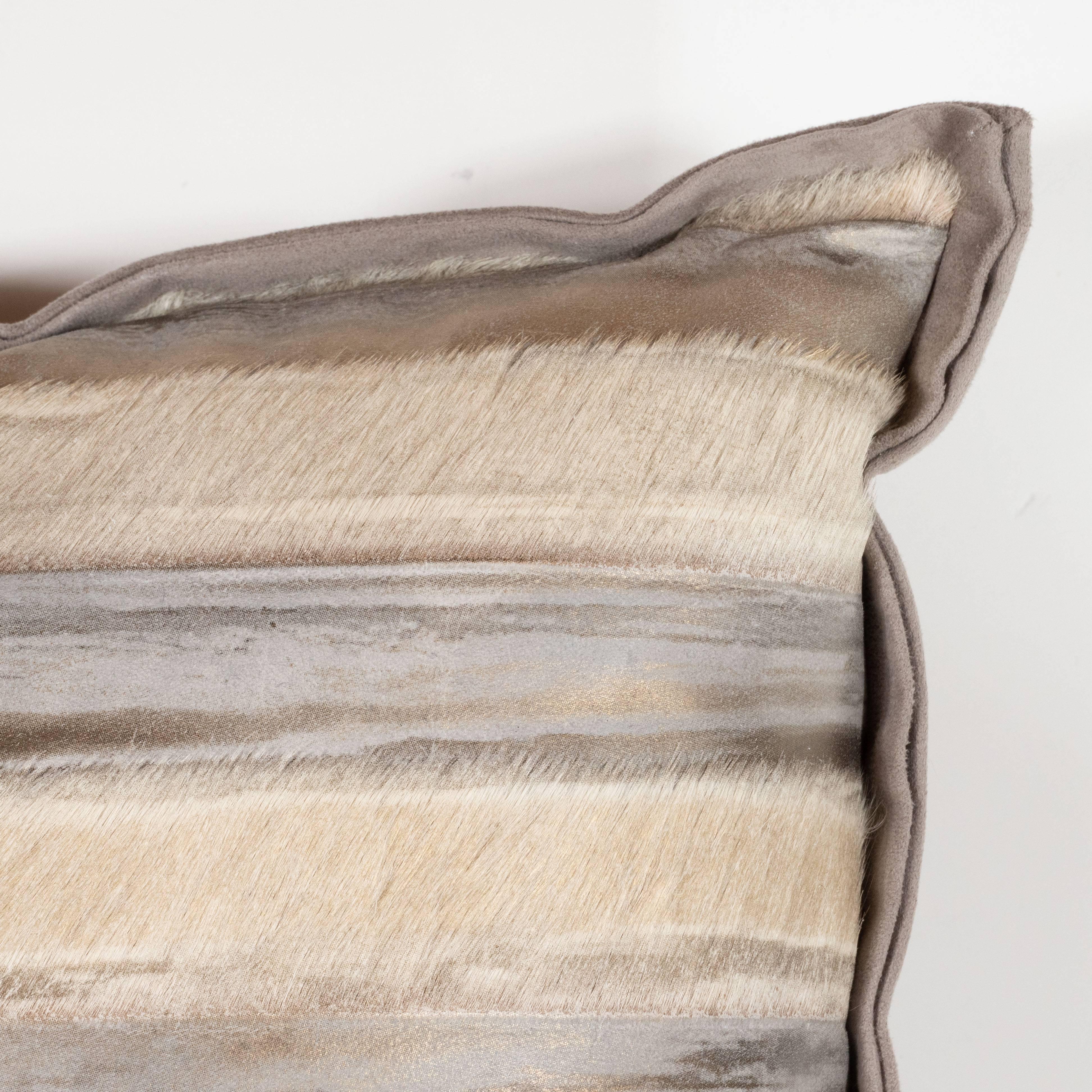 American Custom Modernist Horsehide and Ultra Suede Banded Pillows in Metallic Tones