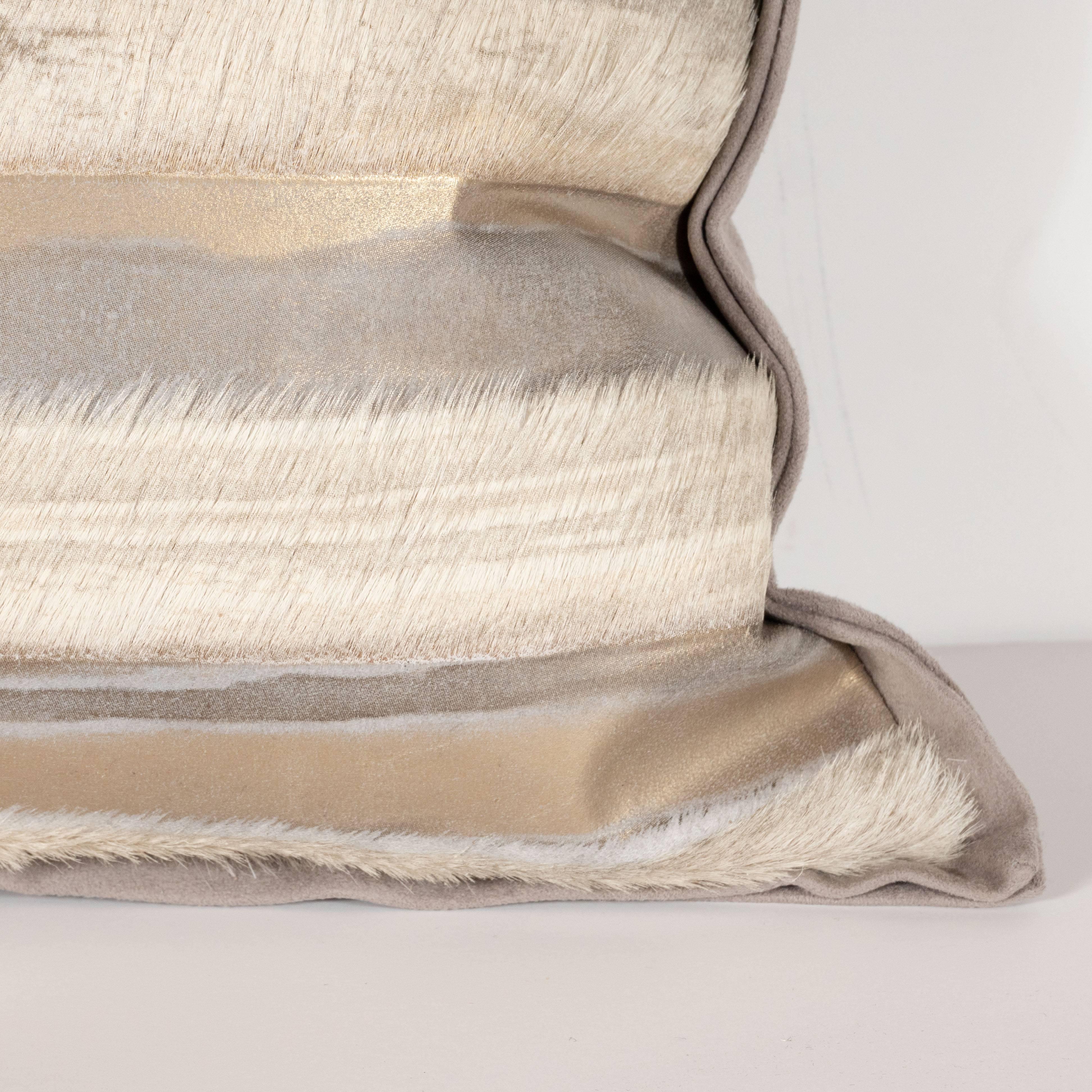 Custom Modernist Horsehide and Ultra Suede Banded Pillows in Metallic Tones In Excellent Condition In New York, NY