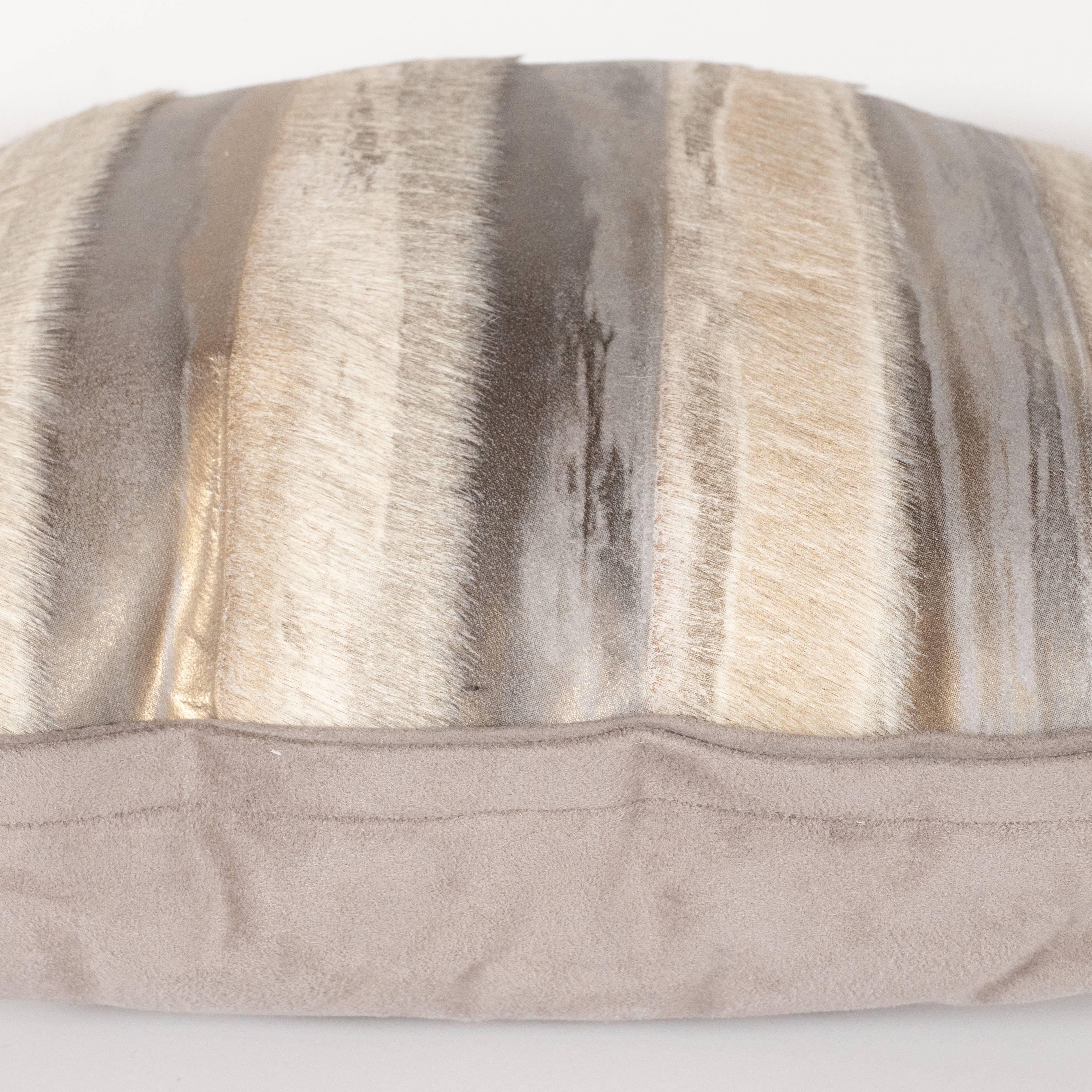 Custom Modernist Horsehide and Ultra Suede Banded Pillows in Metallic Tones 3