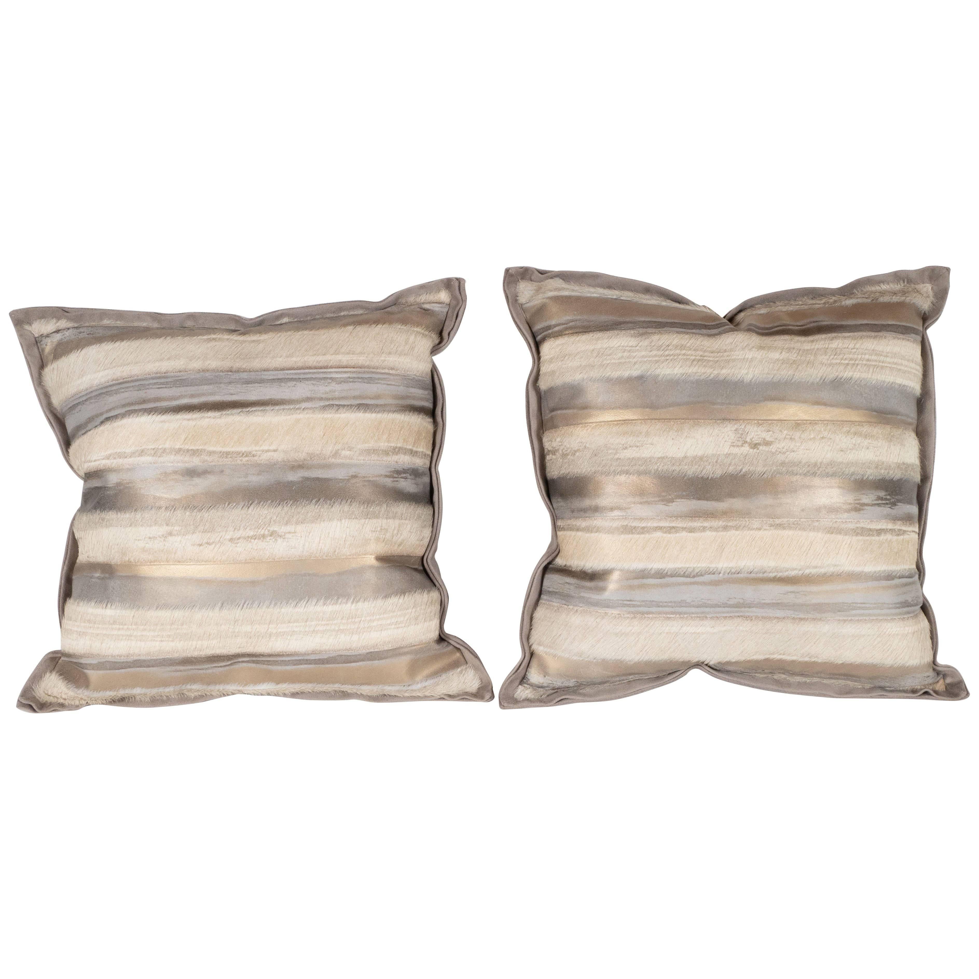 Custom Modernist Horsehide and Ultra Suede Banded Pillows in Metallic Tones