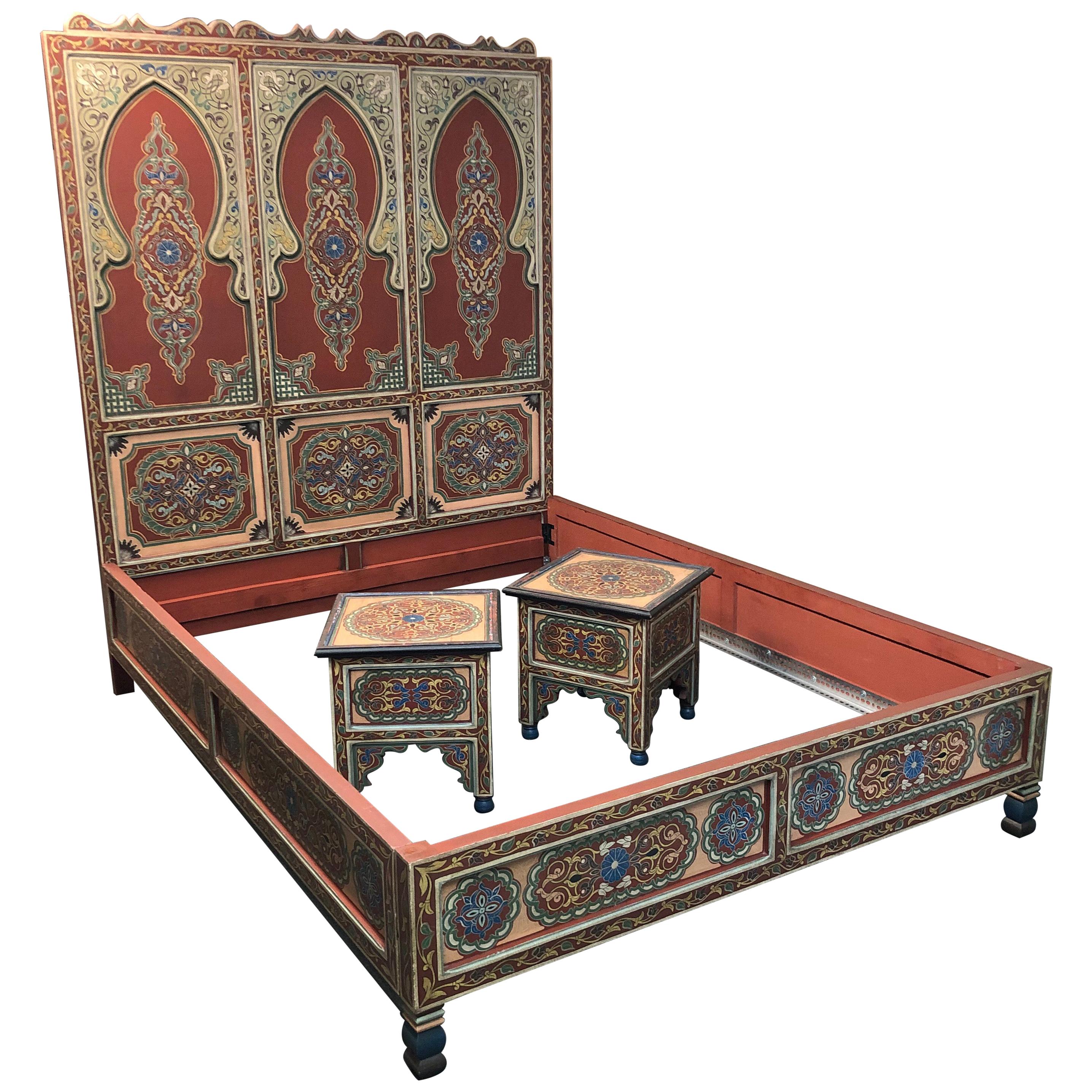 Custom Monumental Moroccan Queen Bed and Matching Nightstands For Sale