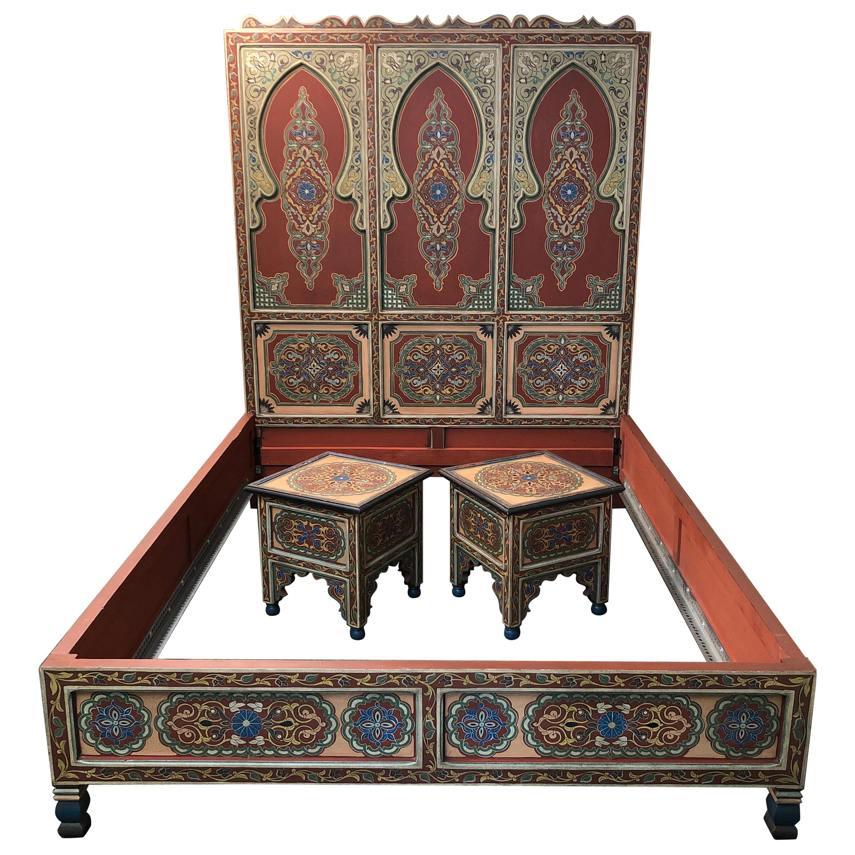 Custom Monumental Moroccan Queen Bed and Matching Nightstands For Sale