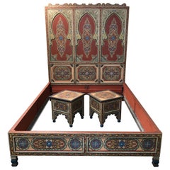 Custom Monumental Moroccan Queen Bed and Matching Nightstands