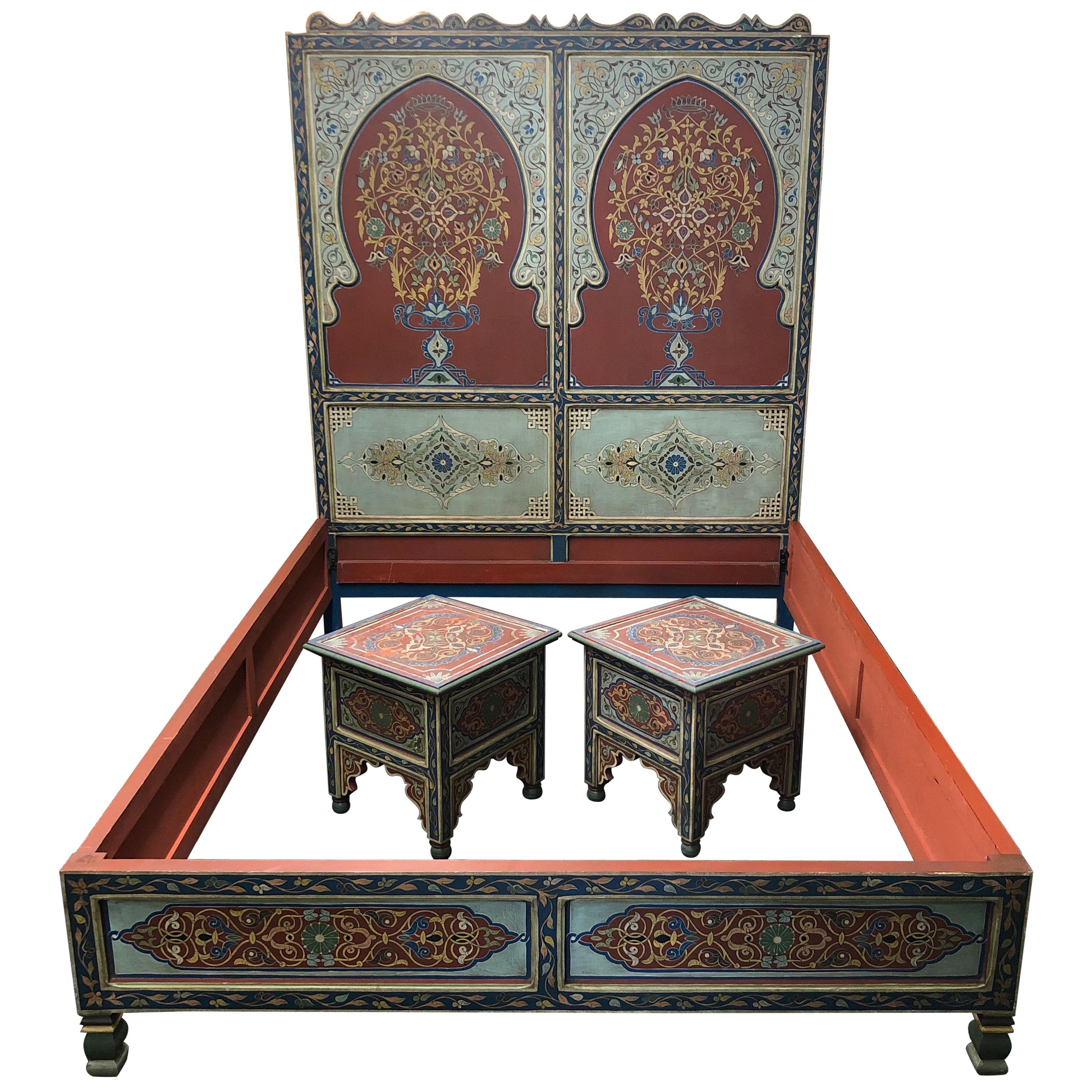 Custom Monumental Moroccan Queen Bed Frame and Nightstands For Sale