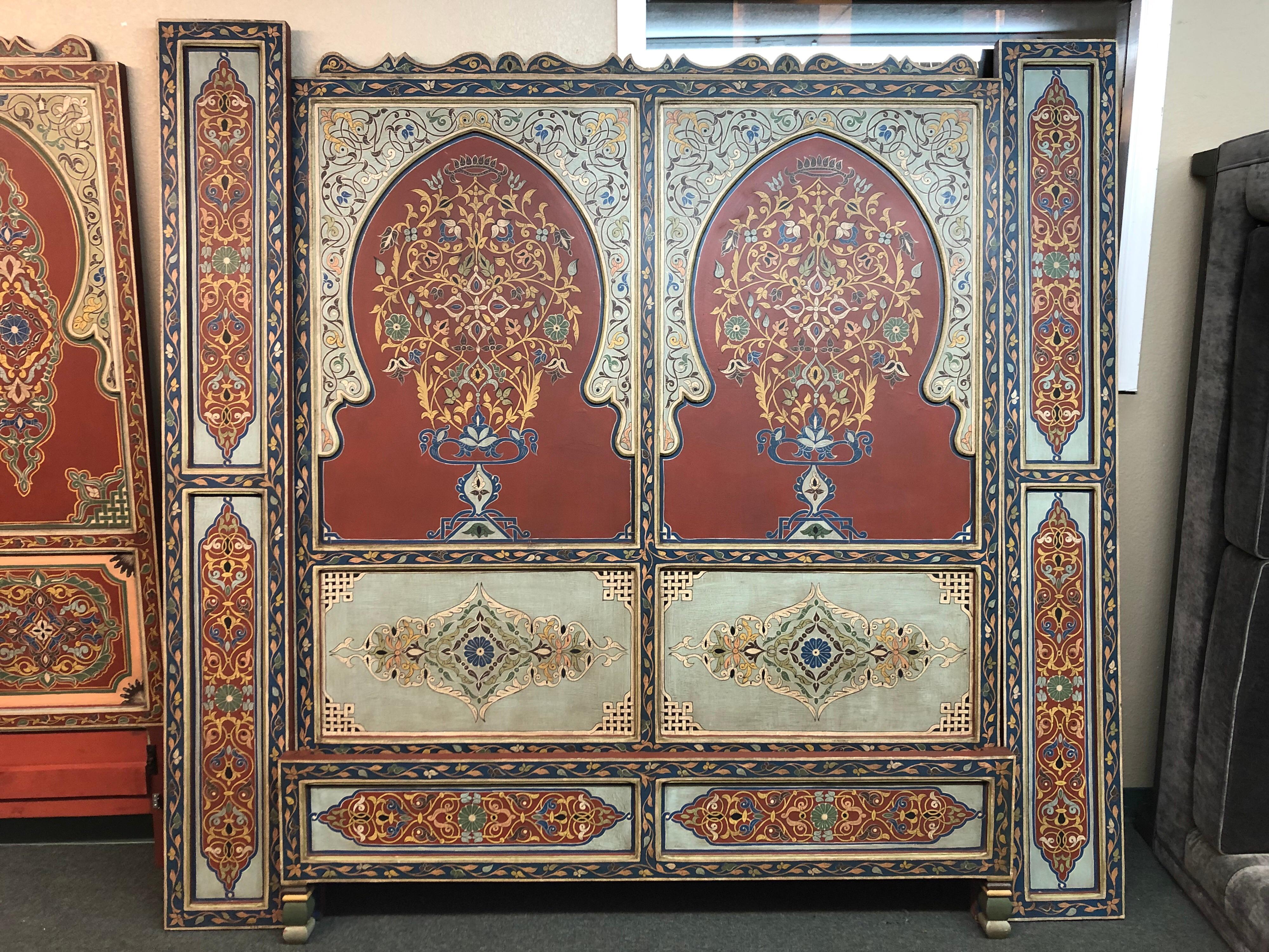 Custom Monumental Moroccan Queen Bed Frame and Nightstands In Good Condition For Sale In San Francisco, CA