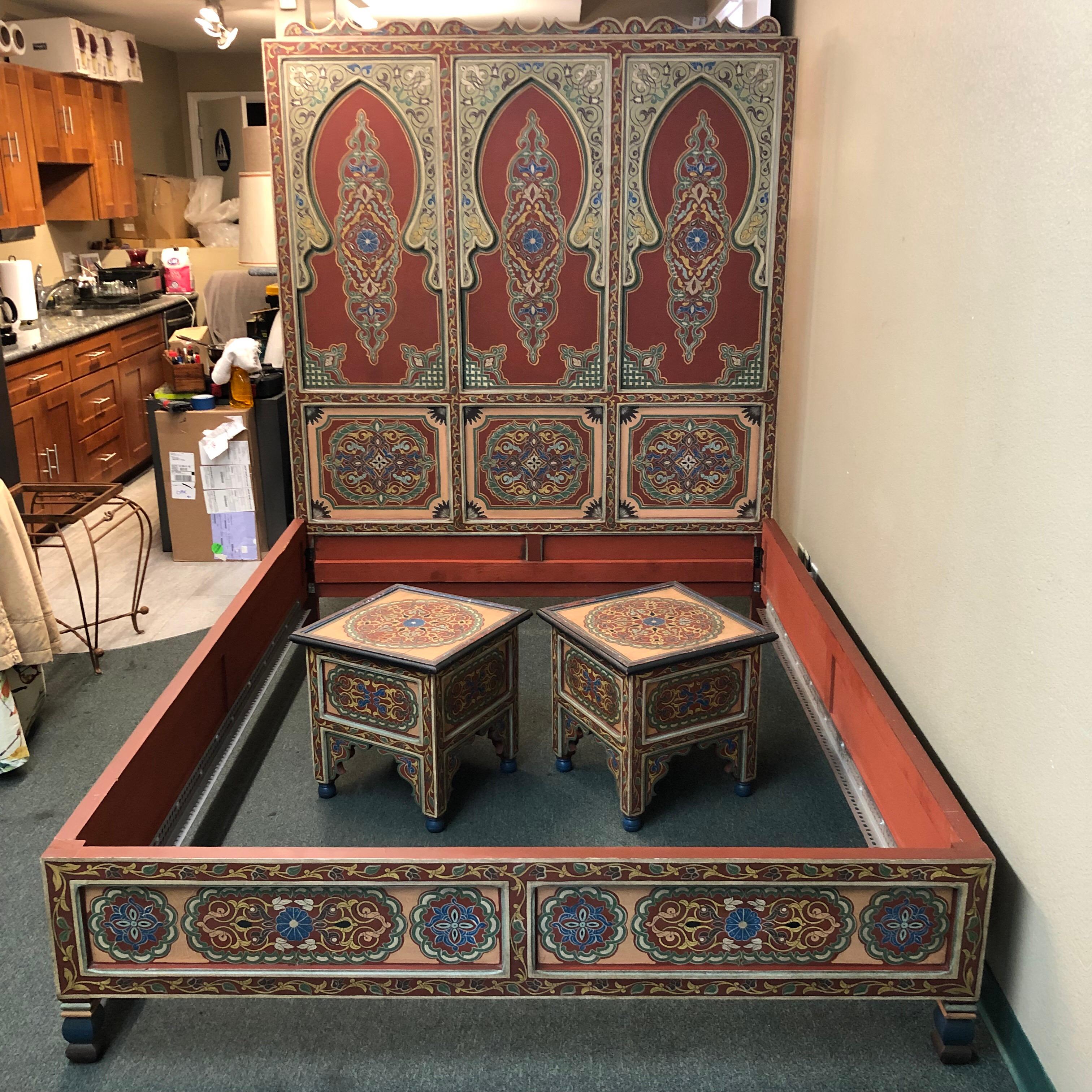 Custom Monumental Moroccan Queen Bed and Matching Nightstands For Sale 5