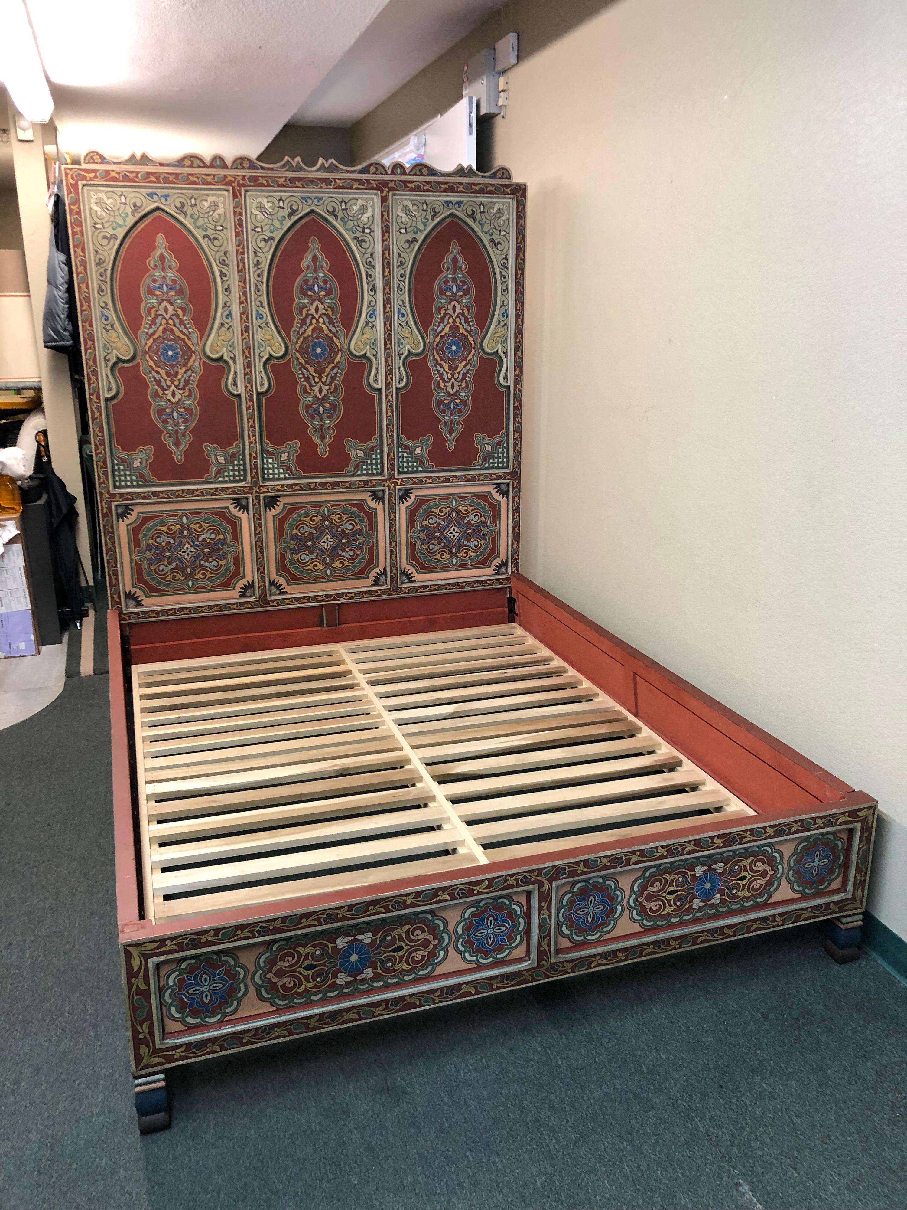 Custom Monumental Moroccan Queen Bed and Matching Nightstands For Sale 6