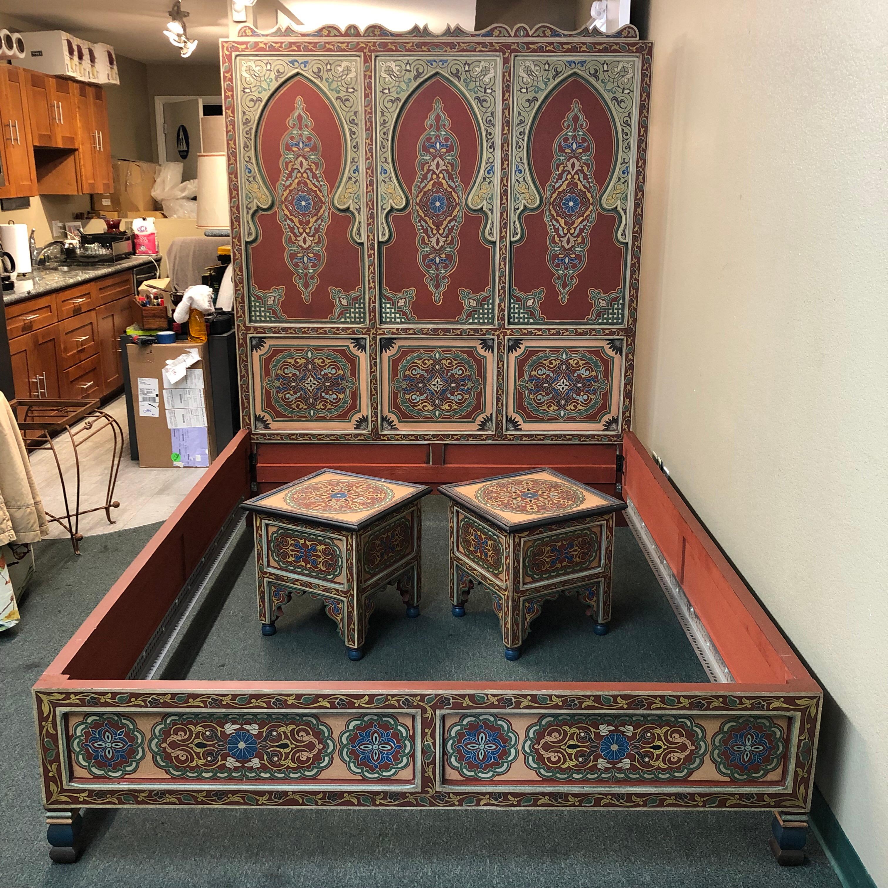 Custom Monumental Moroccan Queen Bed and Matching Nightstands For Sale 2