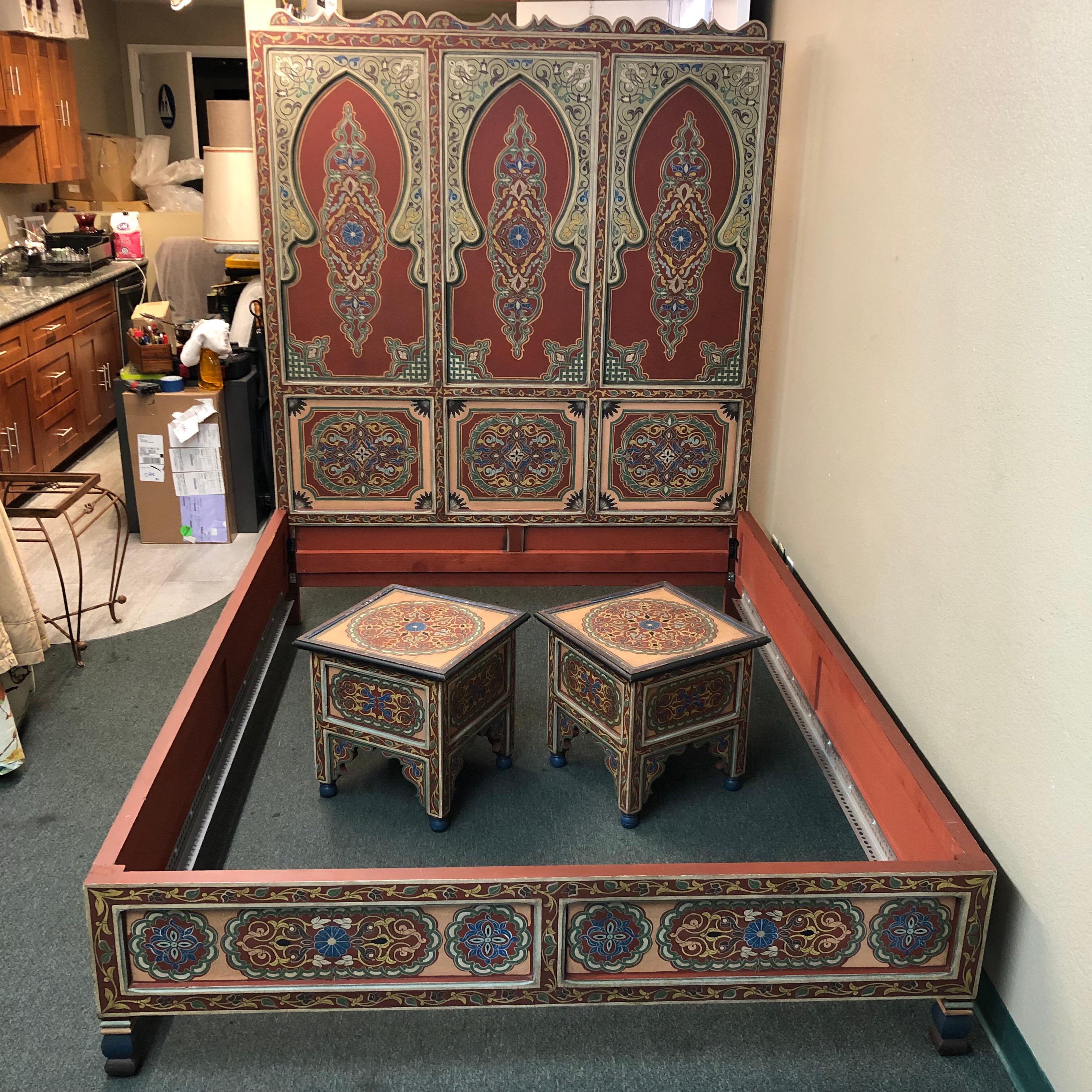 Custom Monumental Moroccan Queen Bed and Matching Nightstands For Sale 3